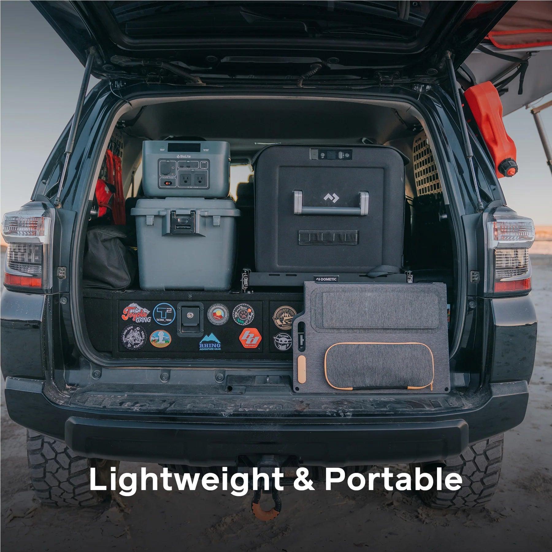 BioLite BaseCharge 600 portable power station in SUV trunk for outdoor adventure