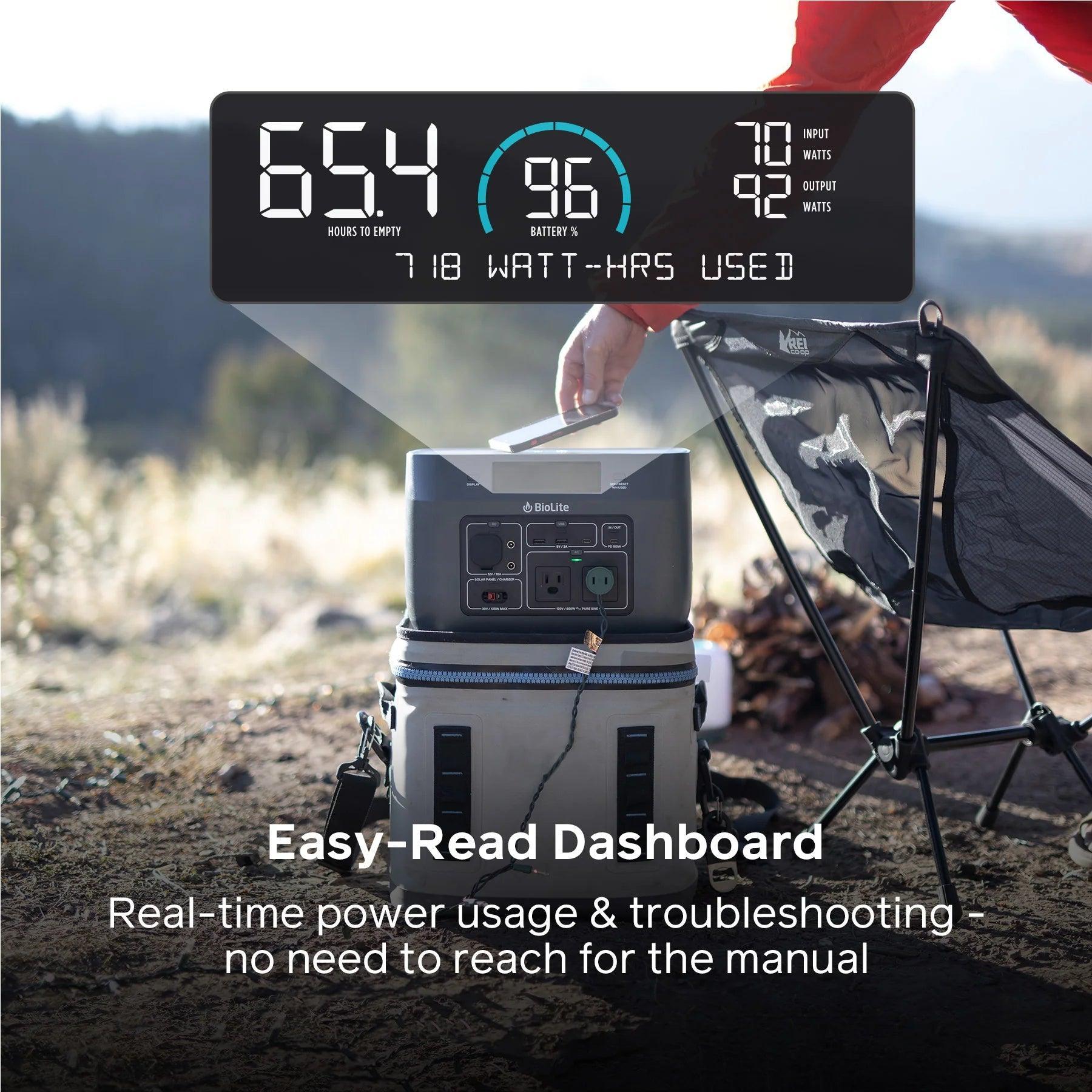 BioLite BaseCharge 600 portable power station outdoors with easy-read dashboard display