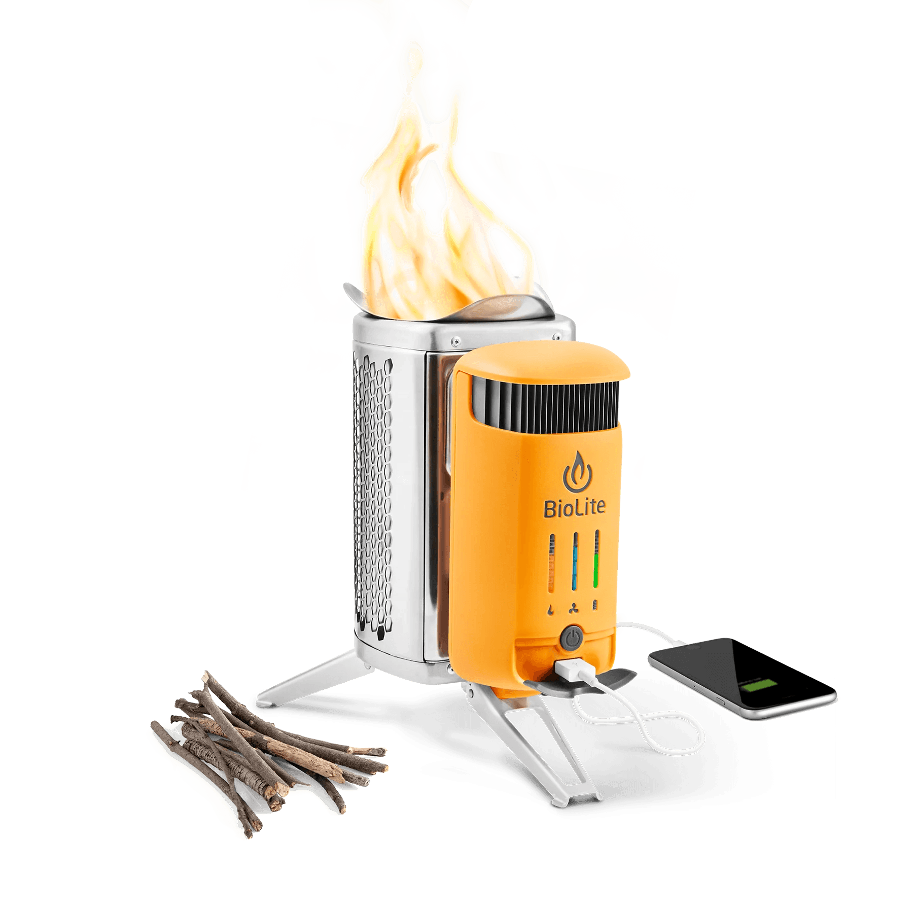 BioLite CampStove 2 burning twigs, charging a phone, portable outdoor camping stove