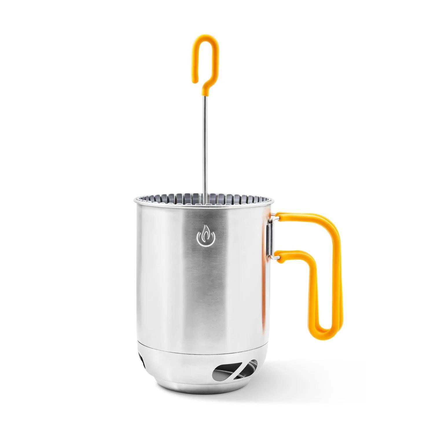 Stainless steel camping coffee pot with yellow handle and plunger, Biolite brand