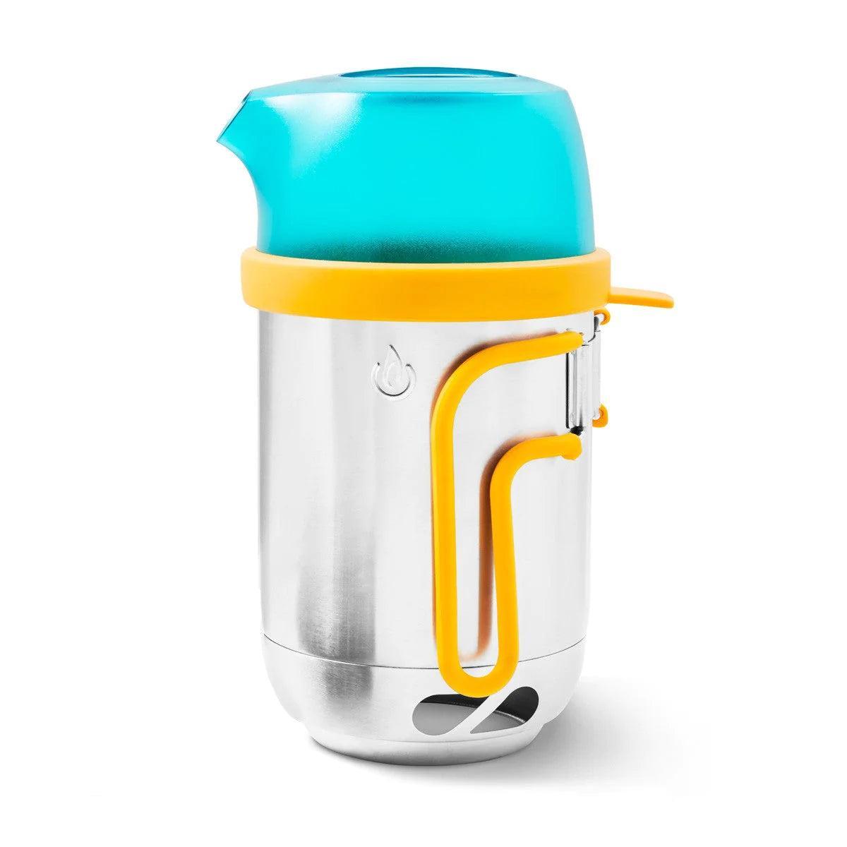 BioLite CampStove KettlePot with yellow handle and blue lid for outdoor camping