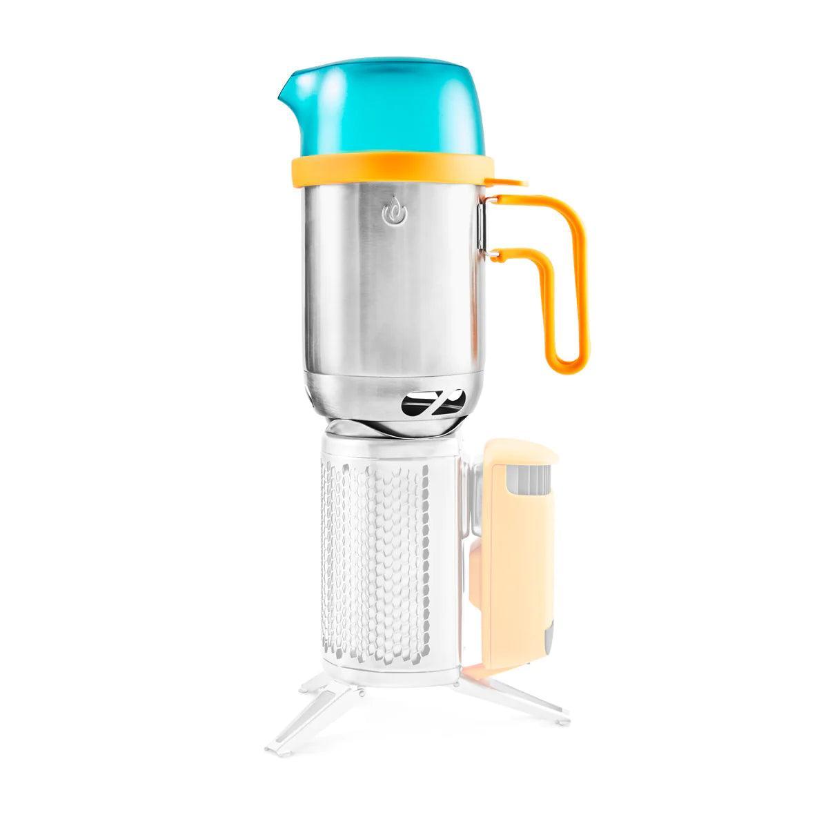 BioLite CampStove with stainless steel kettle, blue lid, yellow handle on white background