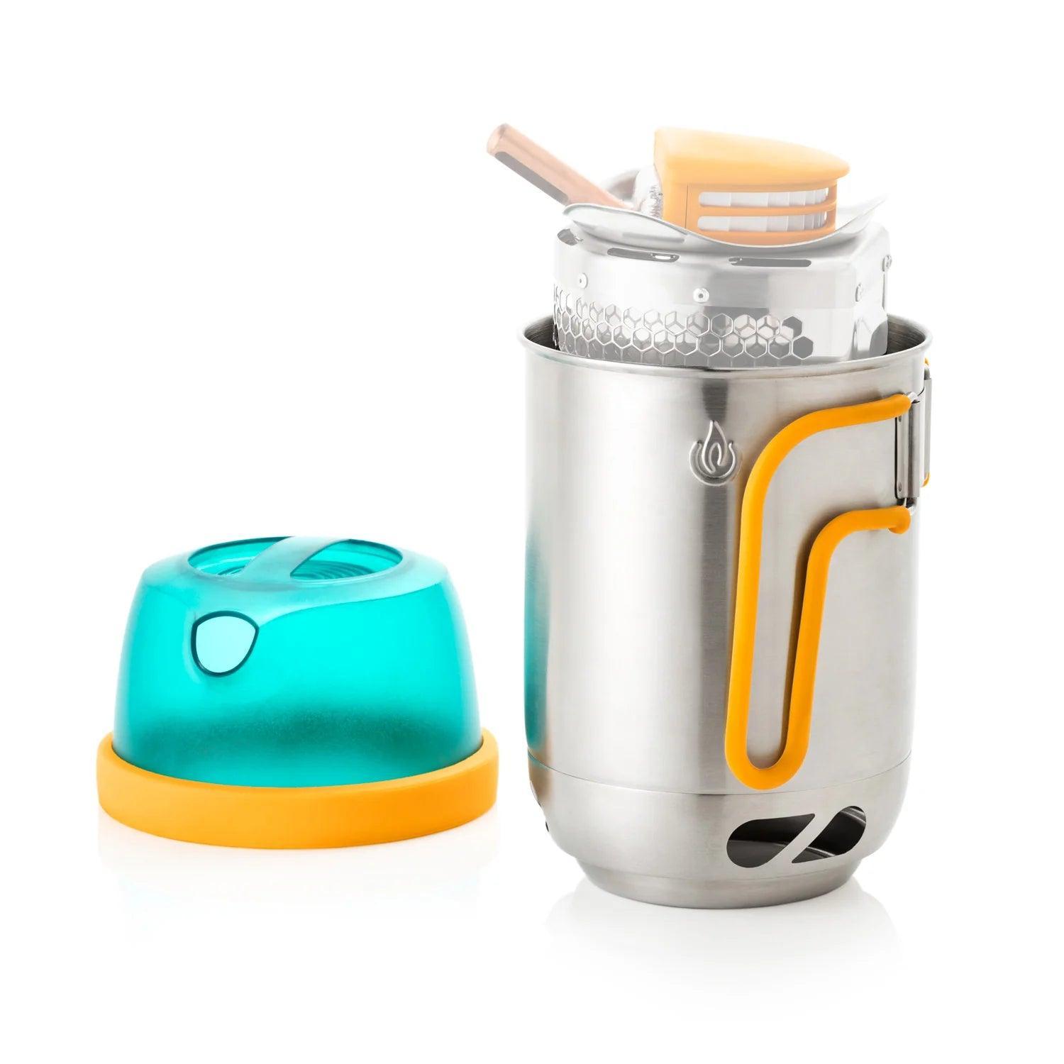 BioLite CampStove KettlePot and coffee set with yellow and teal lid, outdoor camping gear