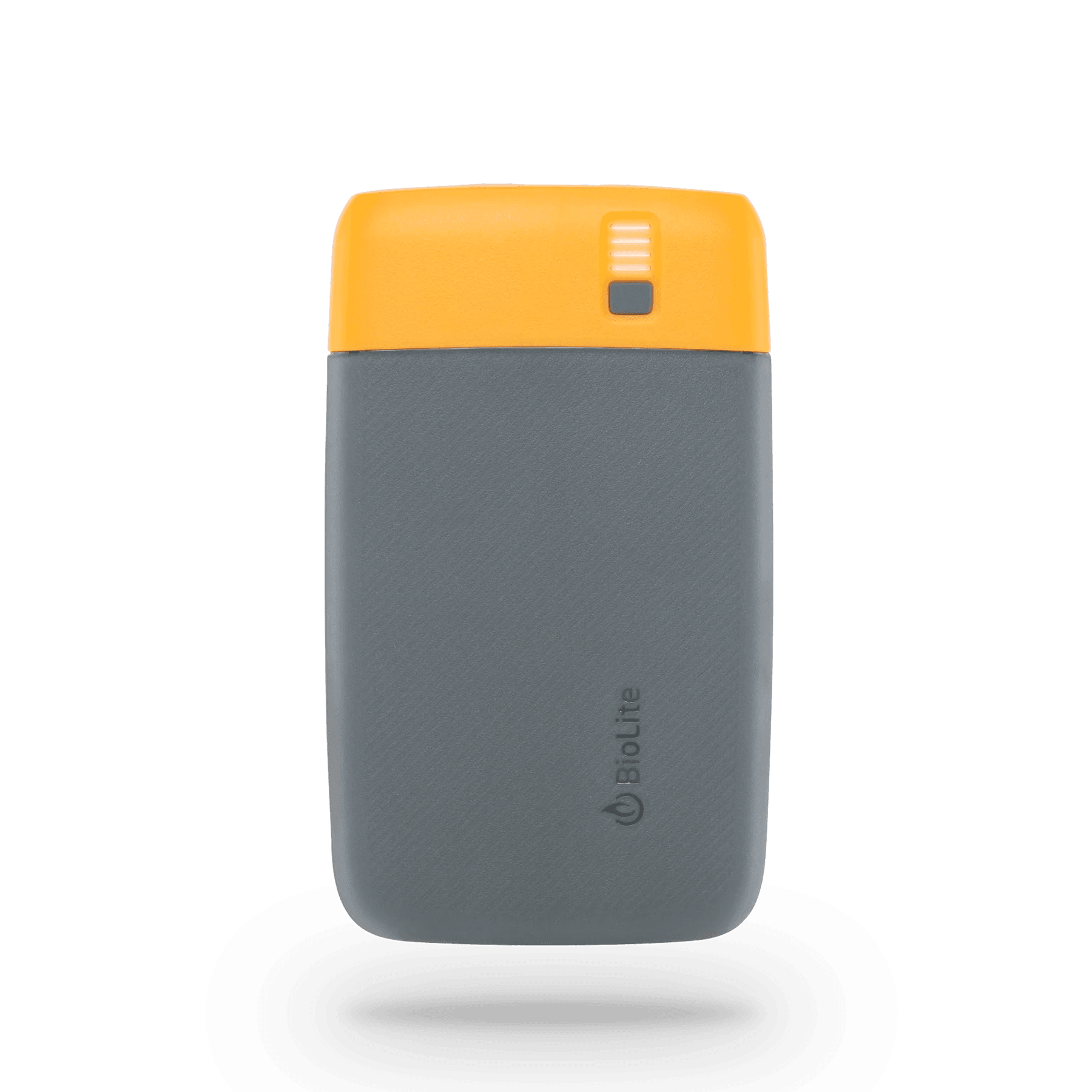 BioLite Charge PD grey and yellow portable power bank with LED indicator on white background