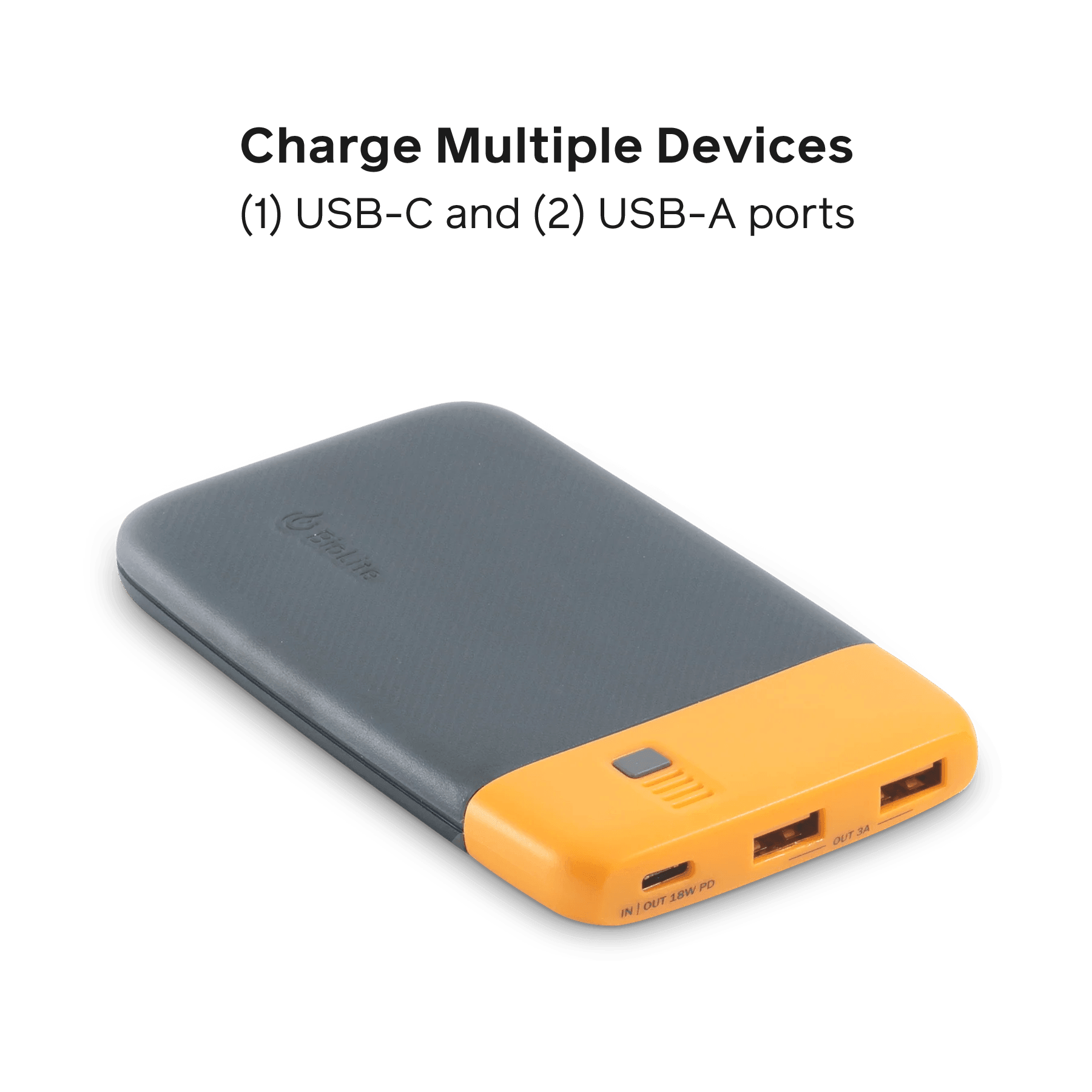 BioLite portable power bank with USB-C and USB-A ports, ideal for outdoor device charging