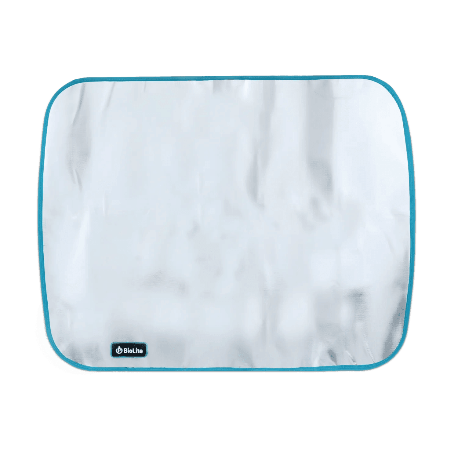 BioLite FirePit fire mat with silver surface and blue trim on a plain background