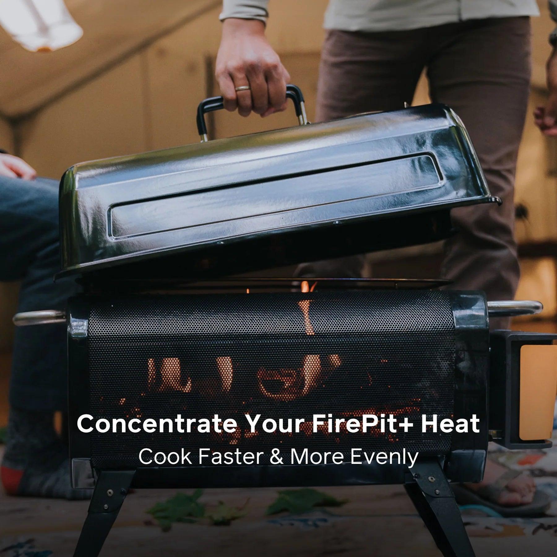 Person placing grill lid on BioLite FirePit+ for outdoor cooking and even heat distribution