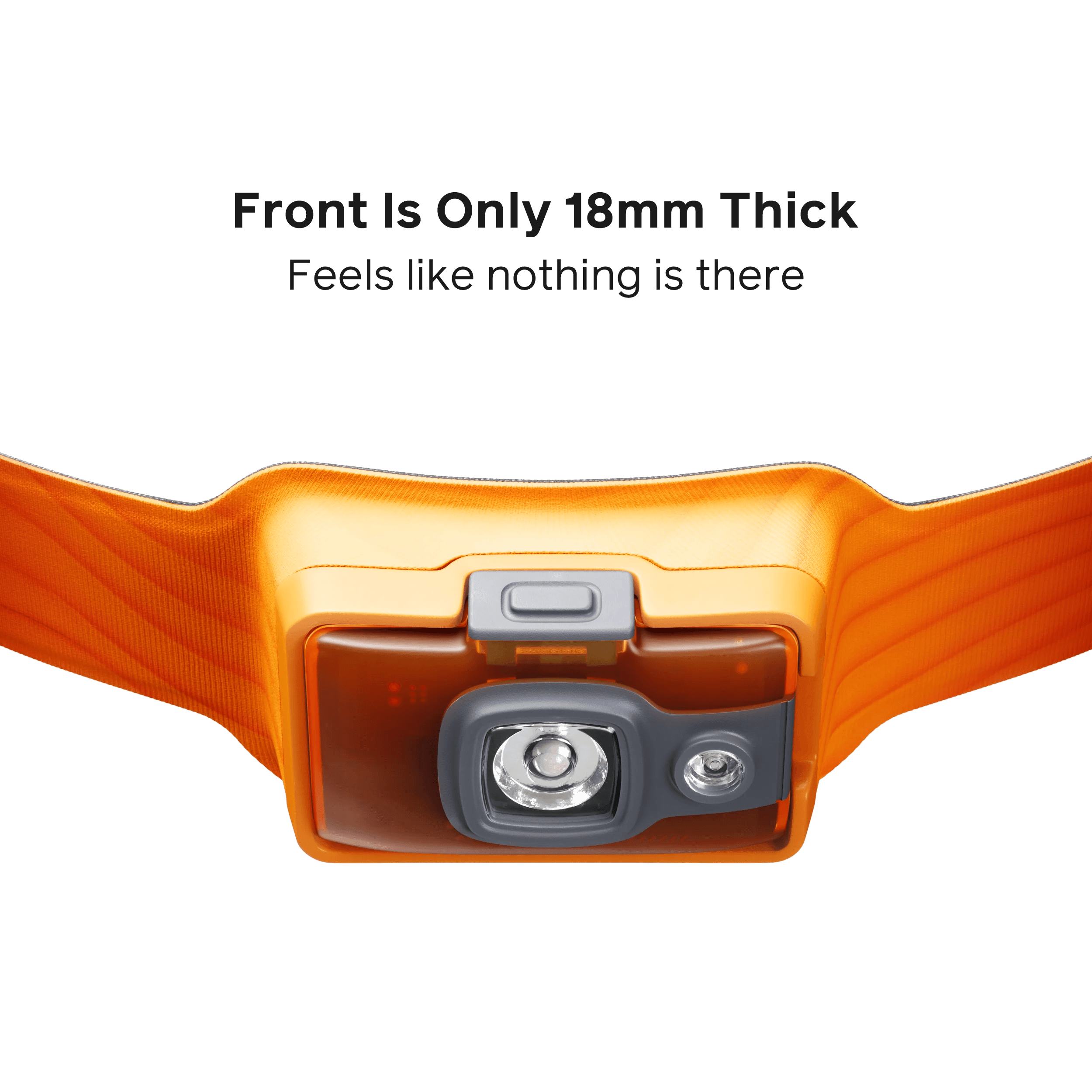 Close-up of orange BioLite headlamp 325 with thin, lightweight design and front button