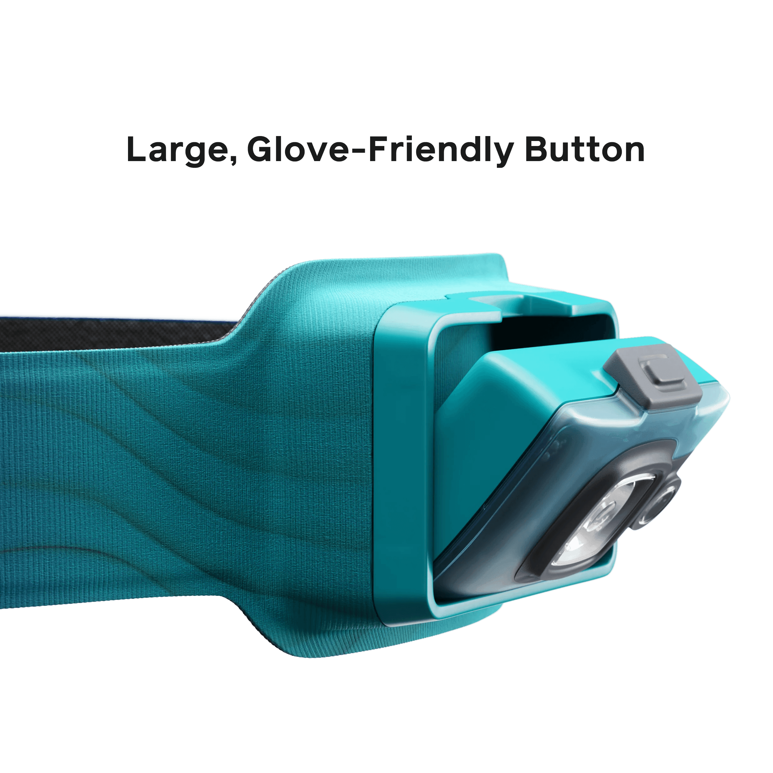 Close-up of turquoise BioLite headlamp 325 with large glove-friendly button