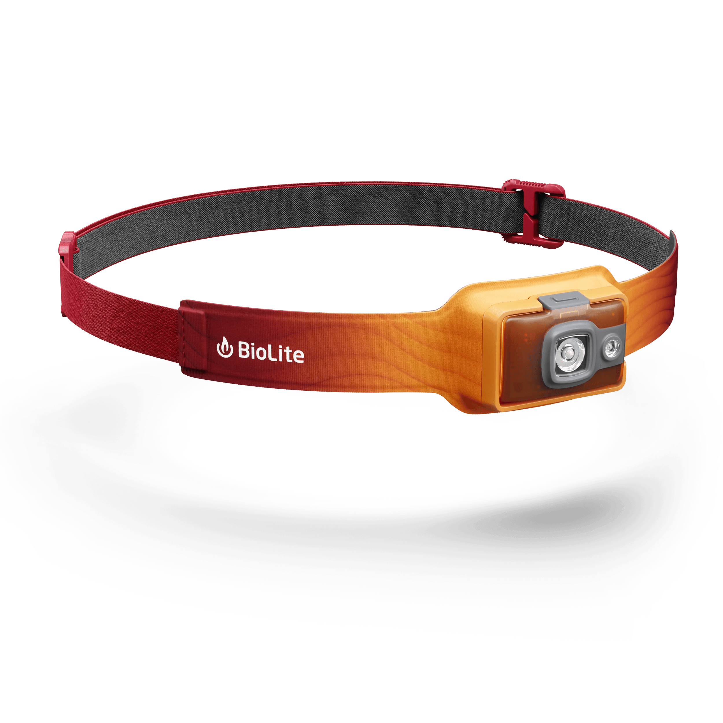 BioLite HeadLamp 325 with orange band and LED light for outdoor sports and camping