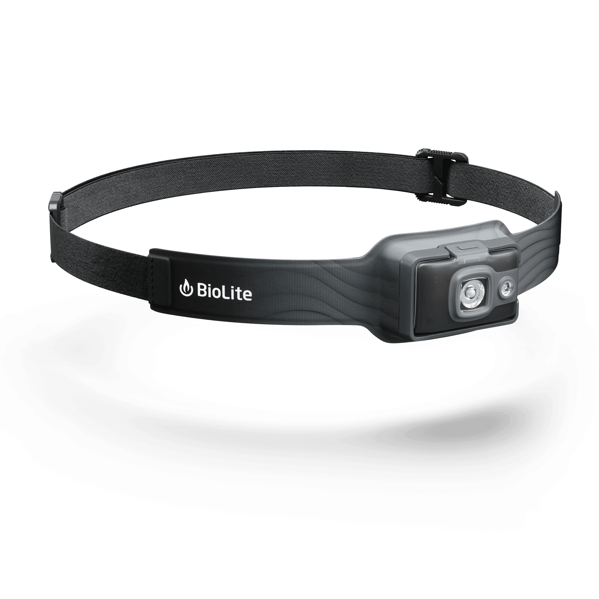 BioLite HeadLamp 325 black LED headlamp with adjustable strap on white background
