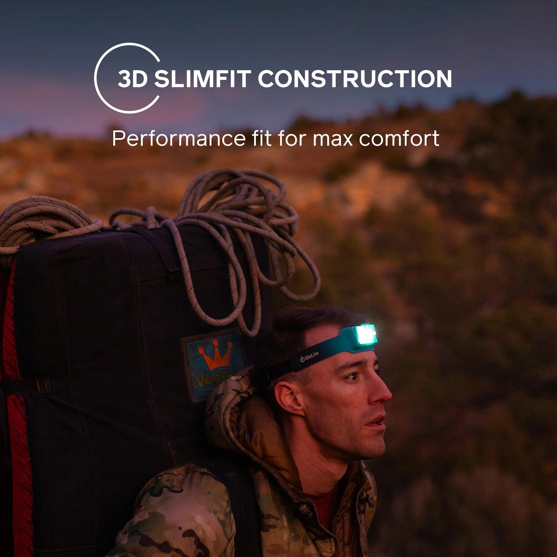 Man wearing BioLite headlamp and hiking gear outdoors at dusk with climbing backpack