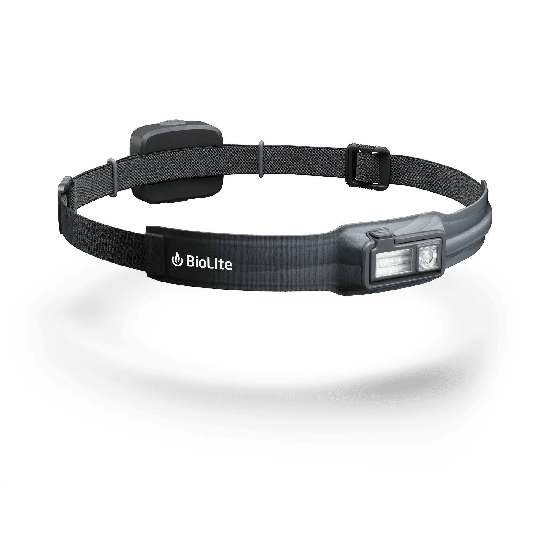 BioLite HeadLamp 425 black headlamp with adjustable strap on white background