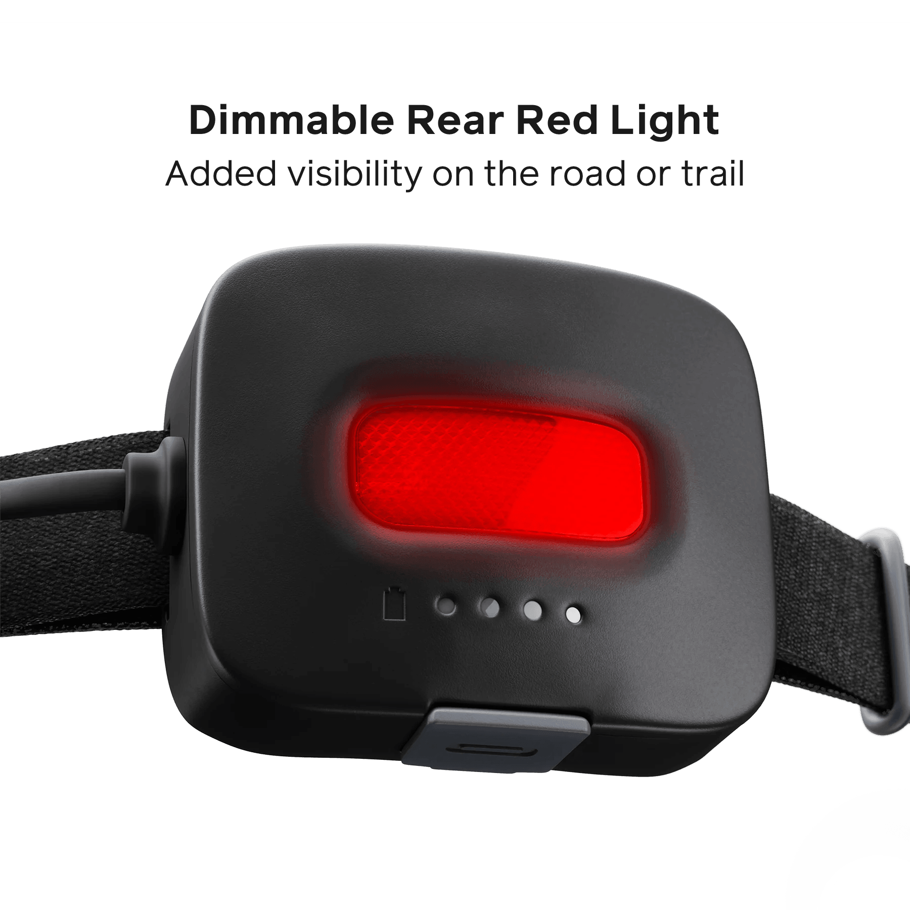 BioLite headlamp 425 rear view with dimmable red light and battery indicator on strap