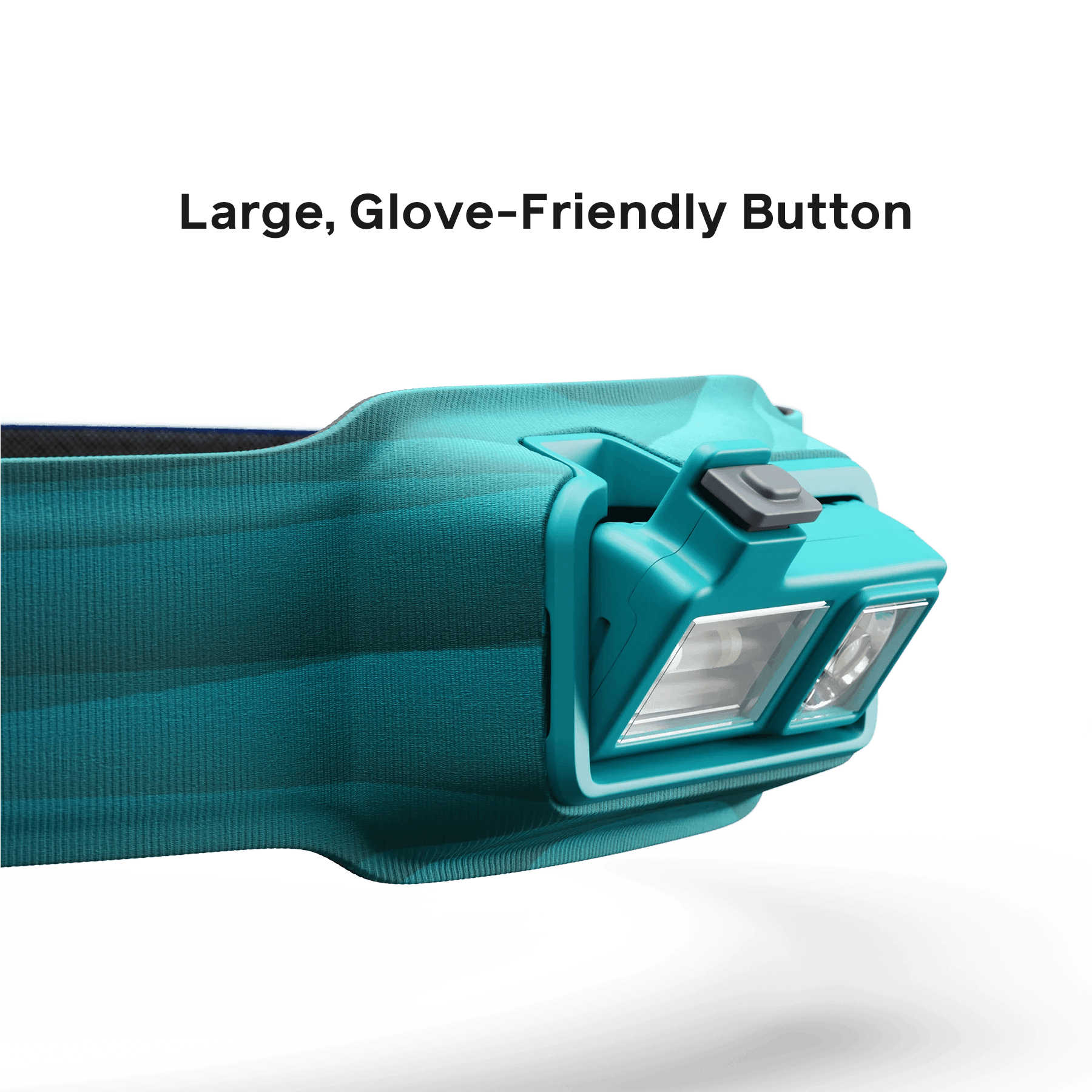 BioLite HeadLamp 425 teal headlamp close-up with large glove-friendly button and dual beams