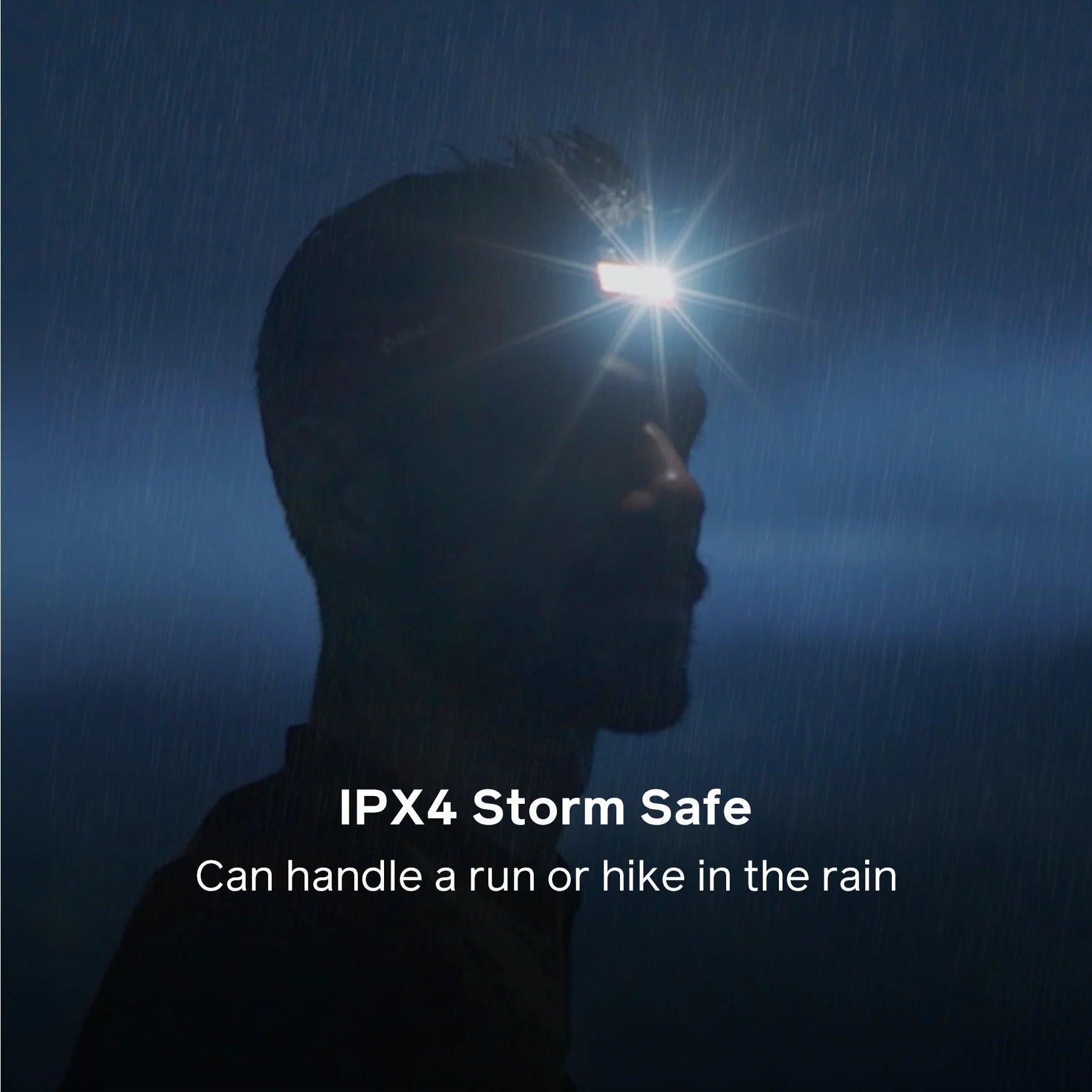 Man wearing Biolite HeadLamp 425 in rain, waterproof headlamp for outdoor running and hiking