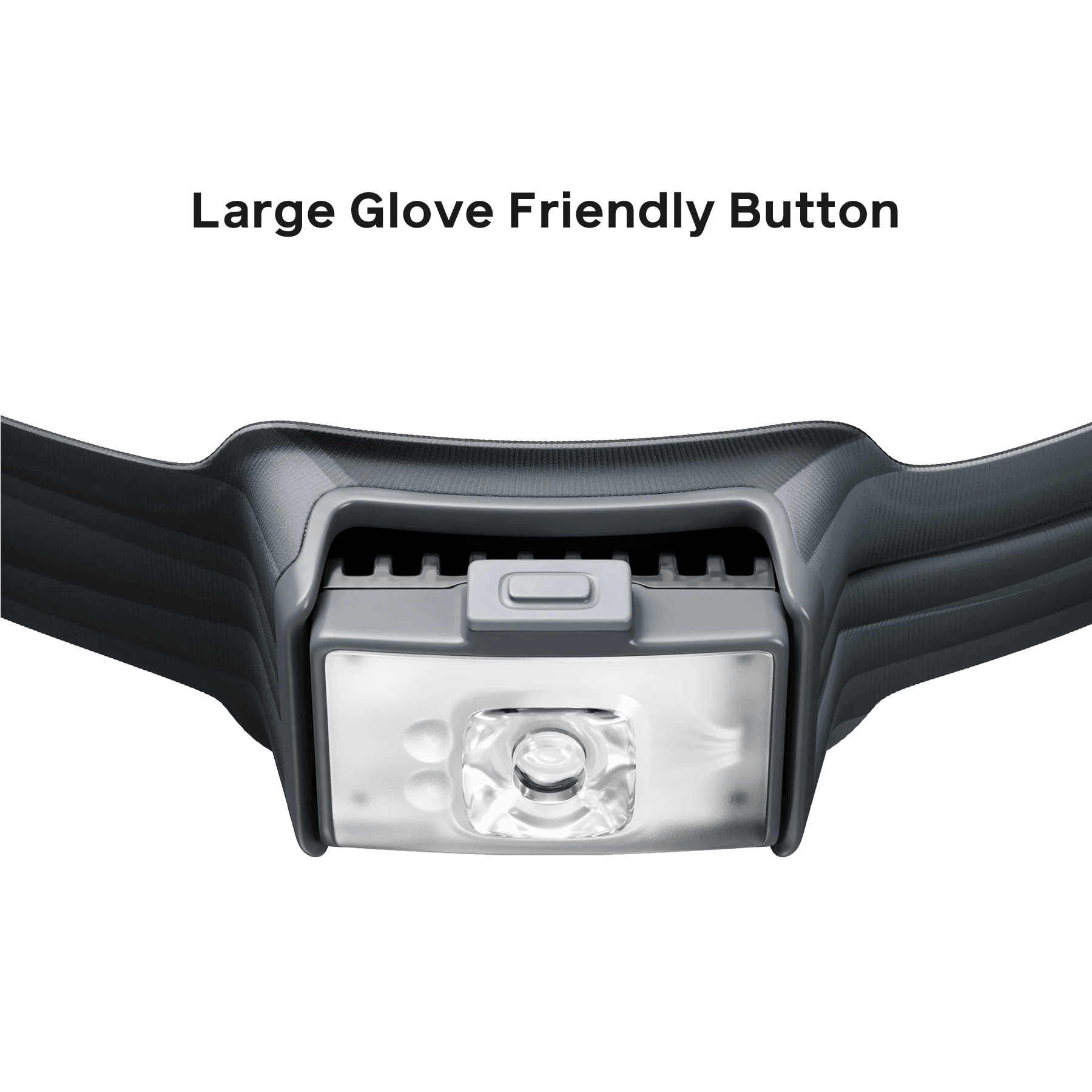 Biolite HeadLamp 800 Pro with large glove-friendly button close-up on grey background