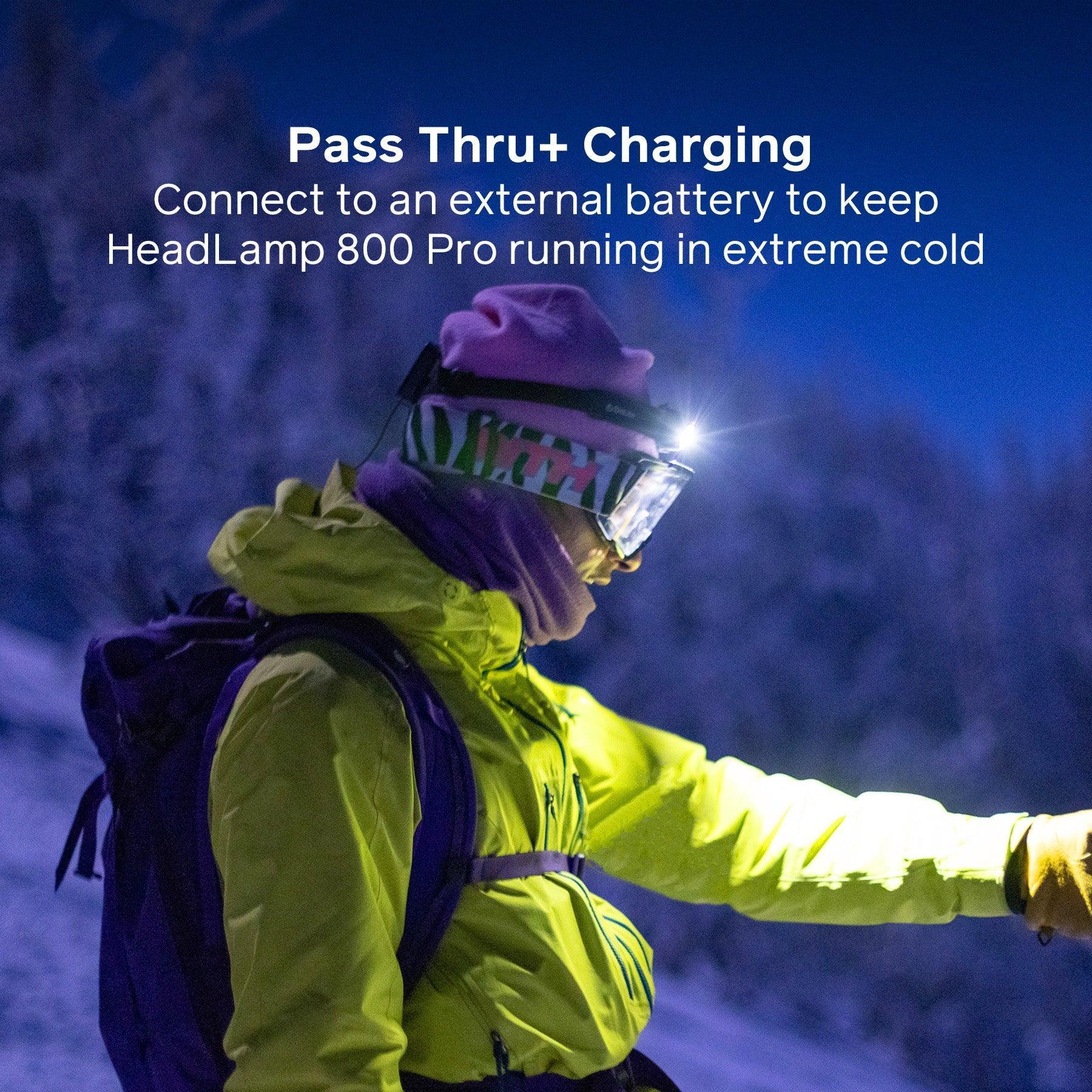 Person wearing Biolite HeadLamp 800 Pro in winter, outdoor night setting, with snowy background