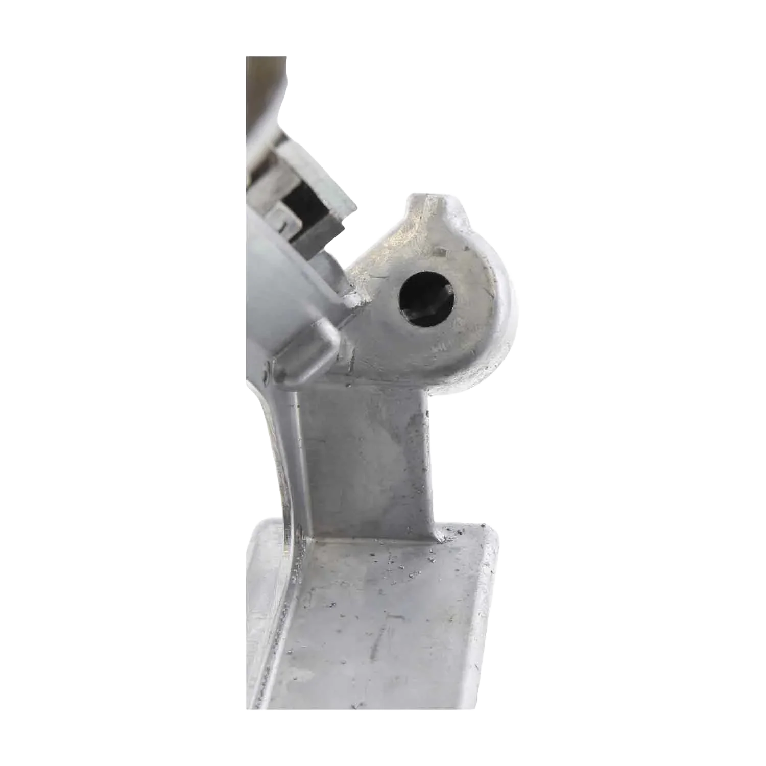 Close-up of a metal bracket with mounting hole, silver finish, on black background