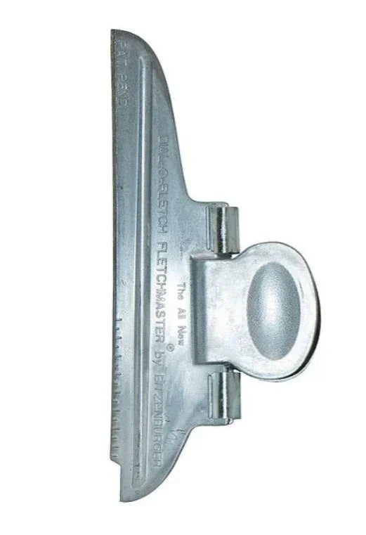 Bitzenburger Fletching Jig clamp made of silver metal, isolated on white background