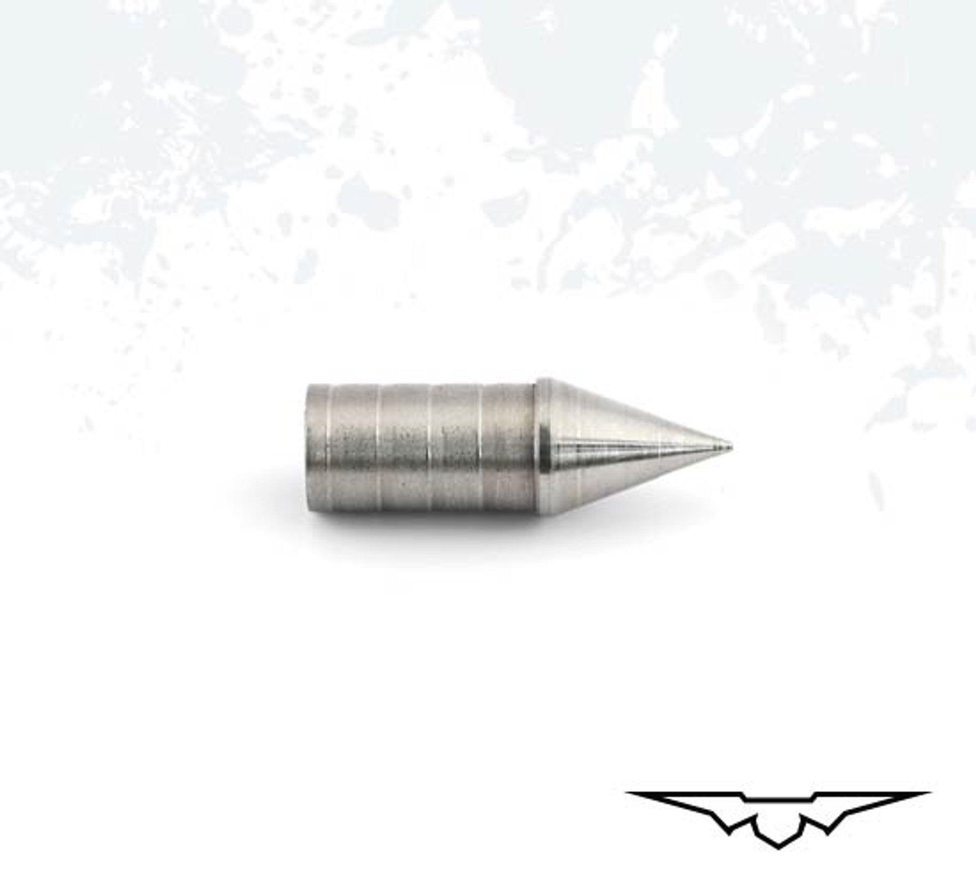 Silver metal arrow nock crusher point with ridged body on white background