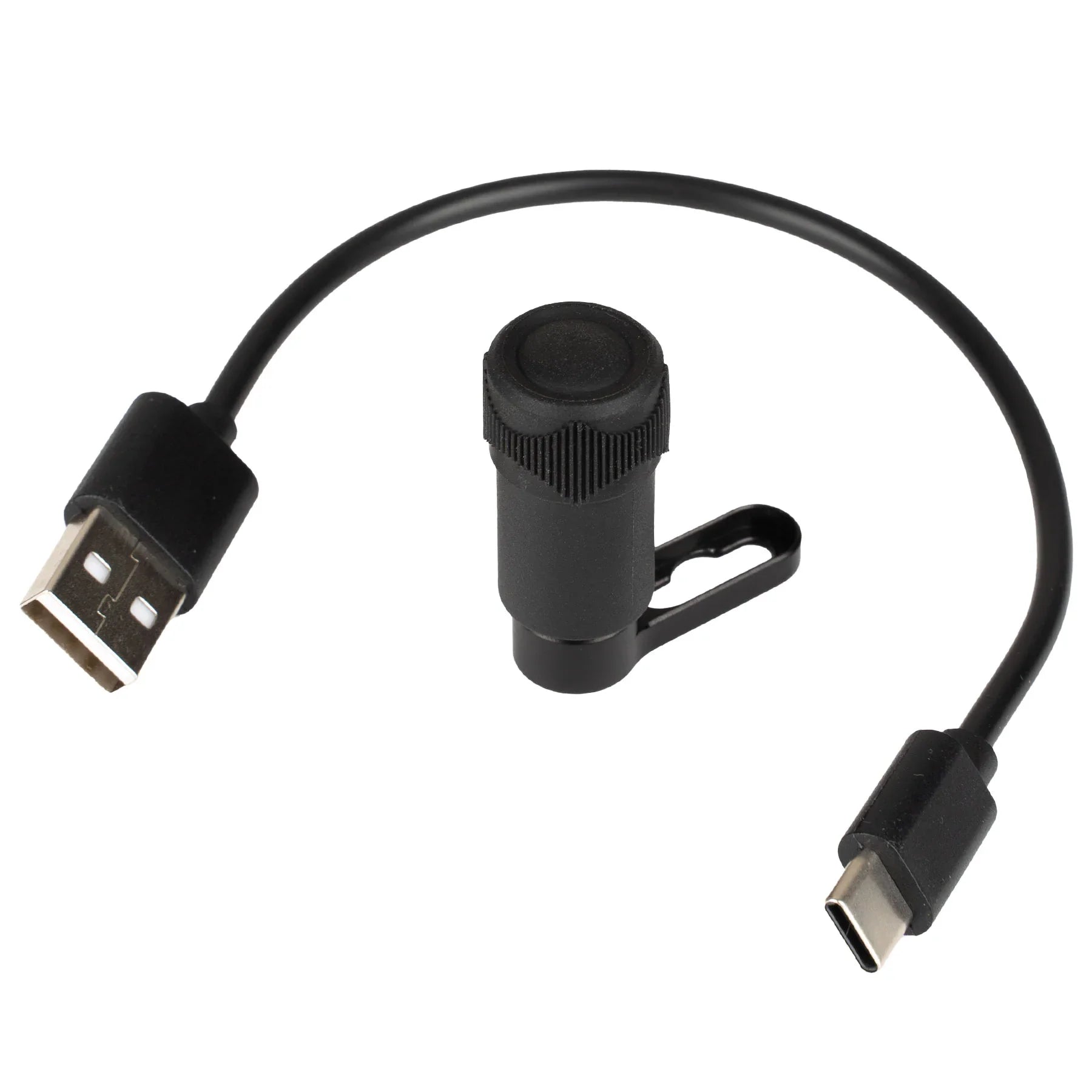 USB to USB-C charging cable with black cylindrical sight lamp adapter on white background