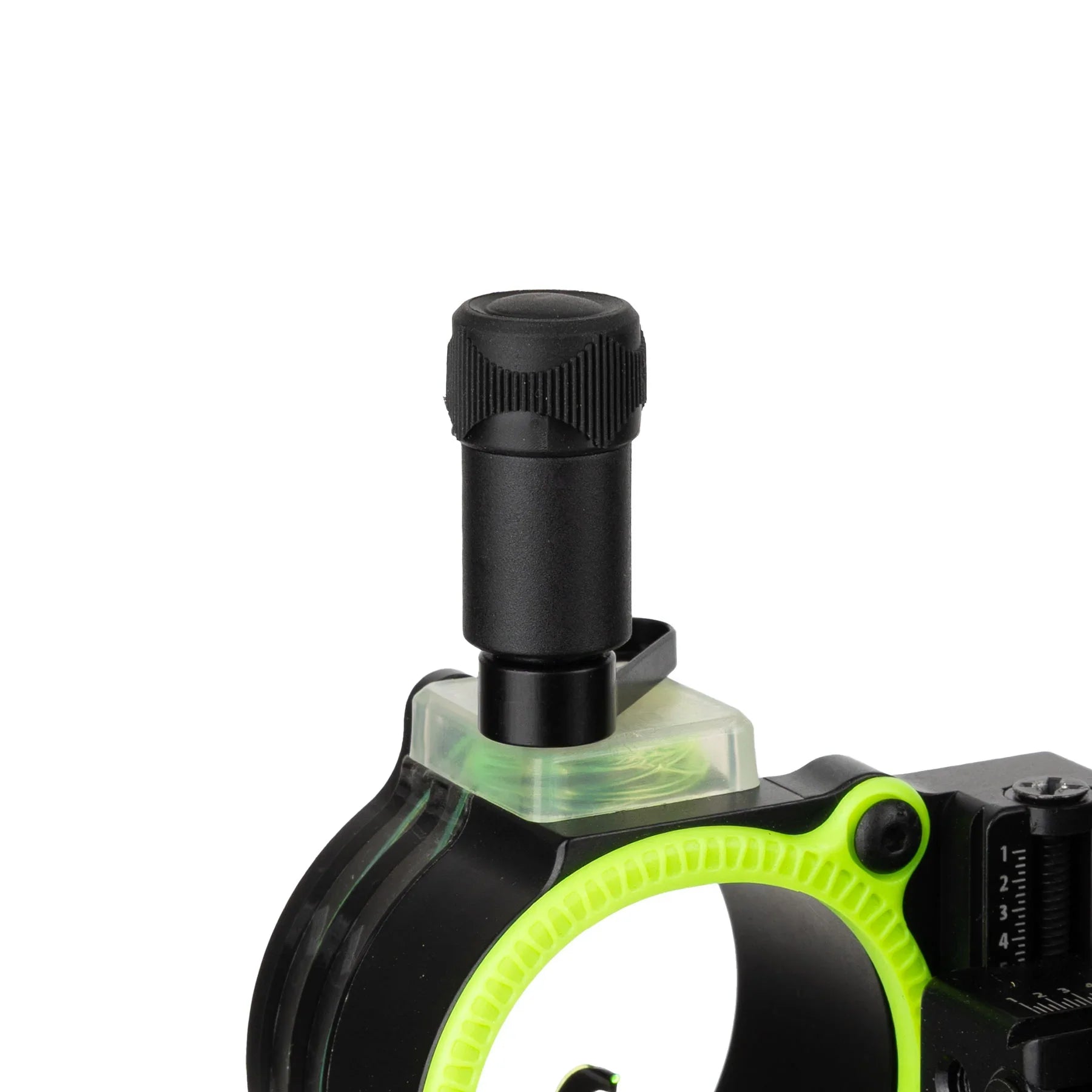 Black and neon green archery sight lamp mounted on sight housing, close-up view