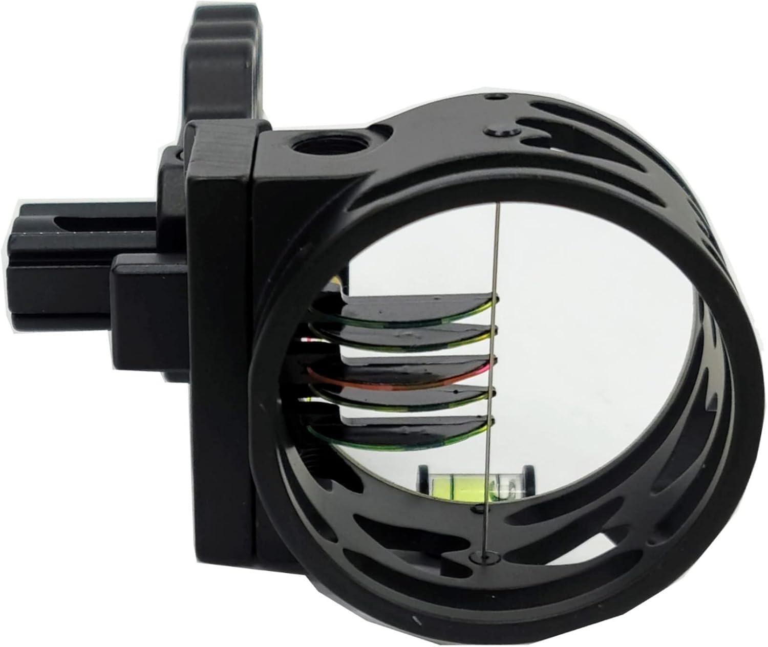 Close-up of a black multi-pin bow sight with fiber optic pins and bubble level