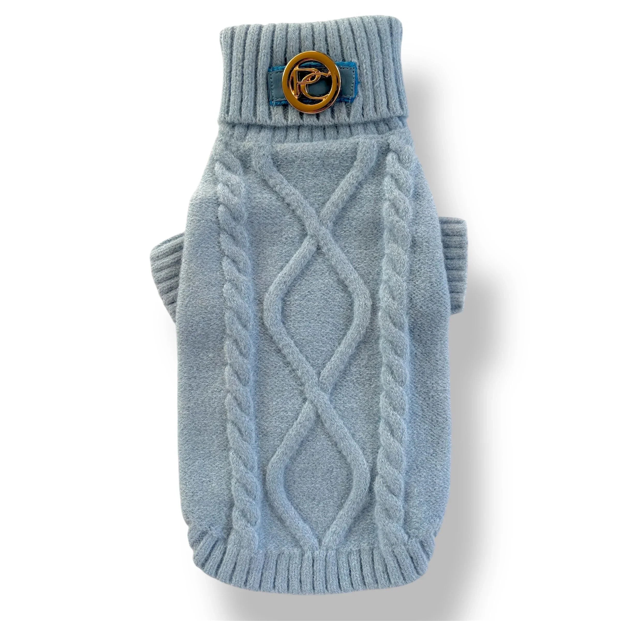 Light blue cable knit dog sweater with turtleneck and gold button accent