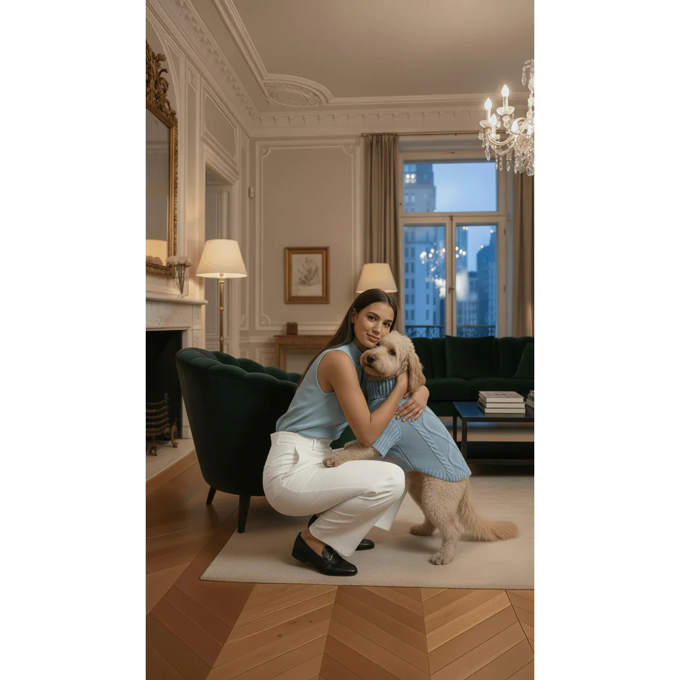 Woman hugging dog in matching blue outfits in elegant living room with city view