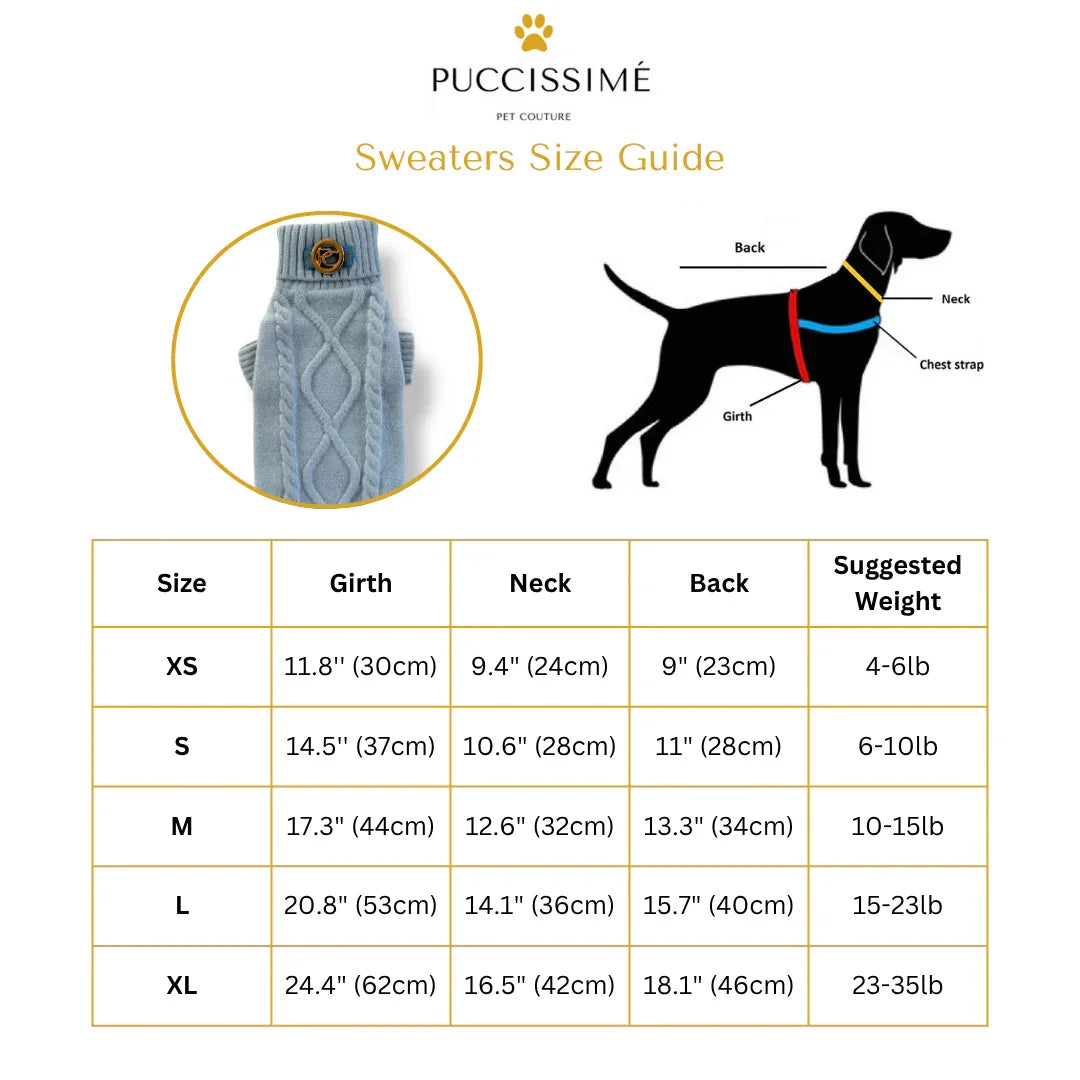 Puccissime pet sweater size guide chart with dog measurement diagram and sweater photo.