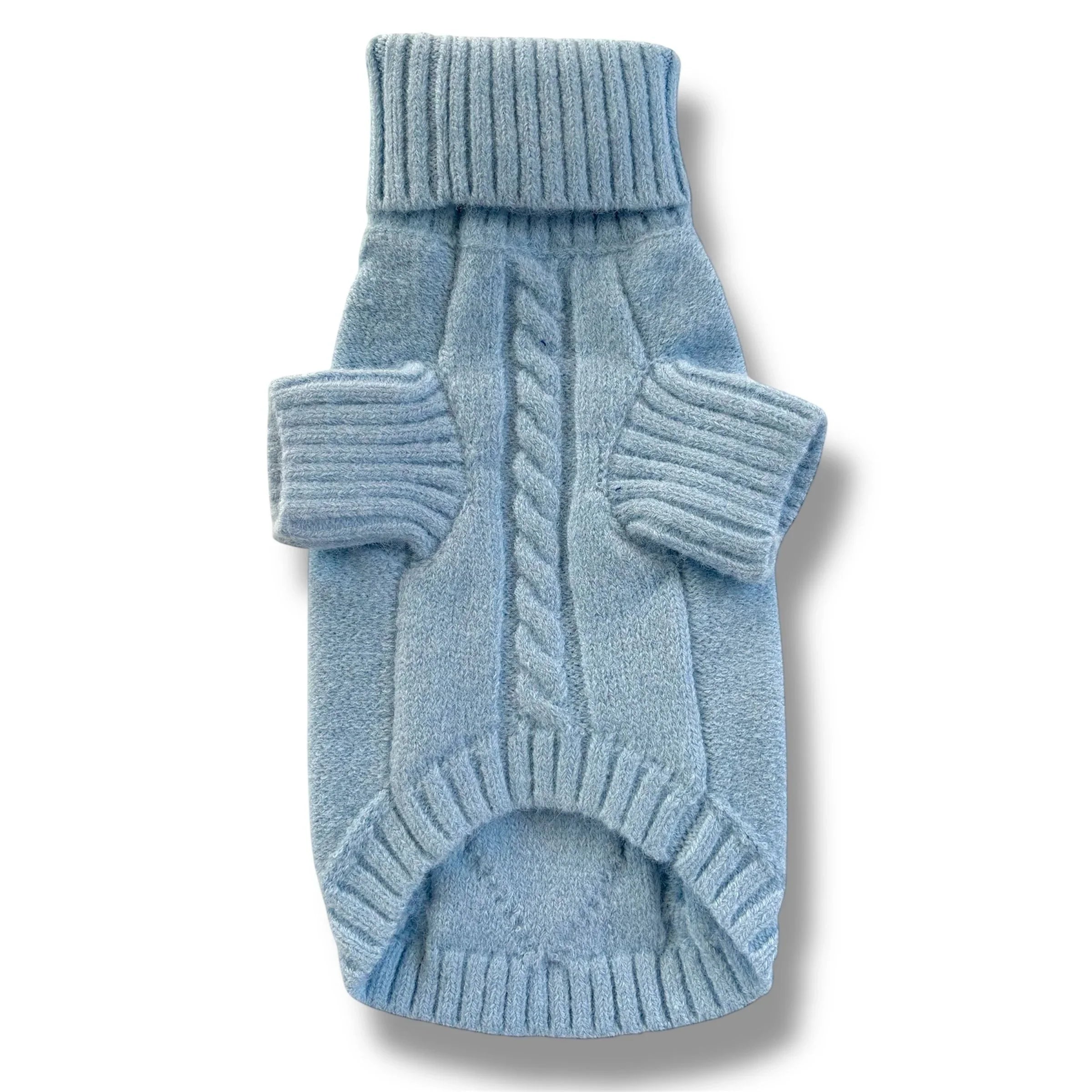 Light blue cable knit dog sweater with turtleneck and ribbed trim on white background