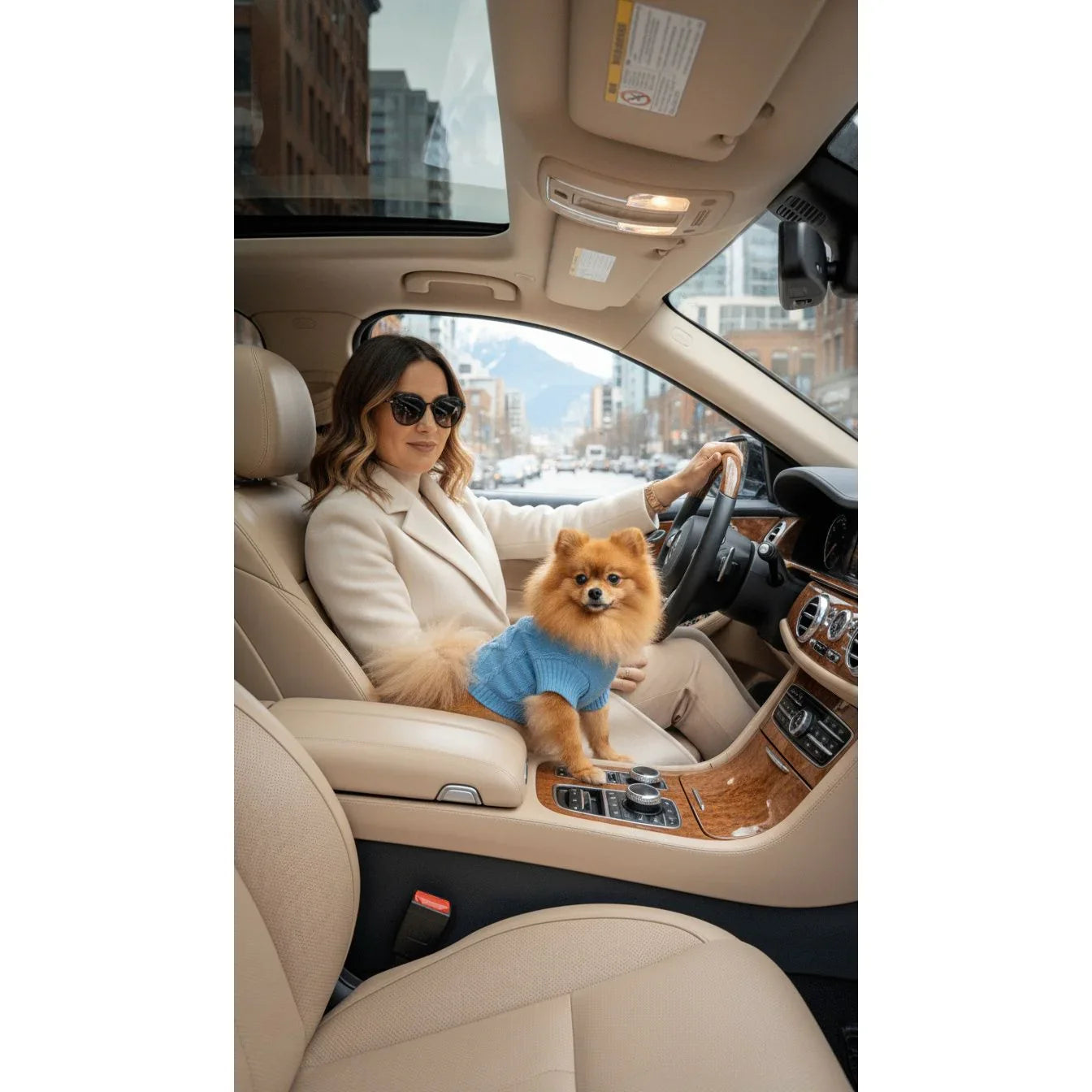 Woman driving luxury car with Pomeranian dog in blue sweater, city street view