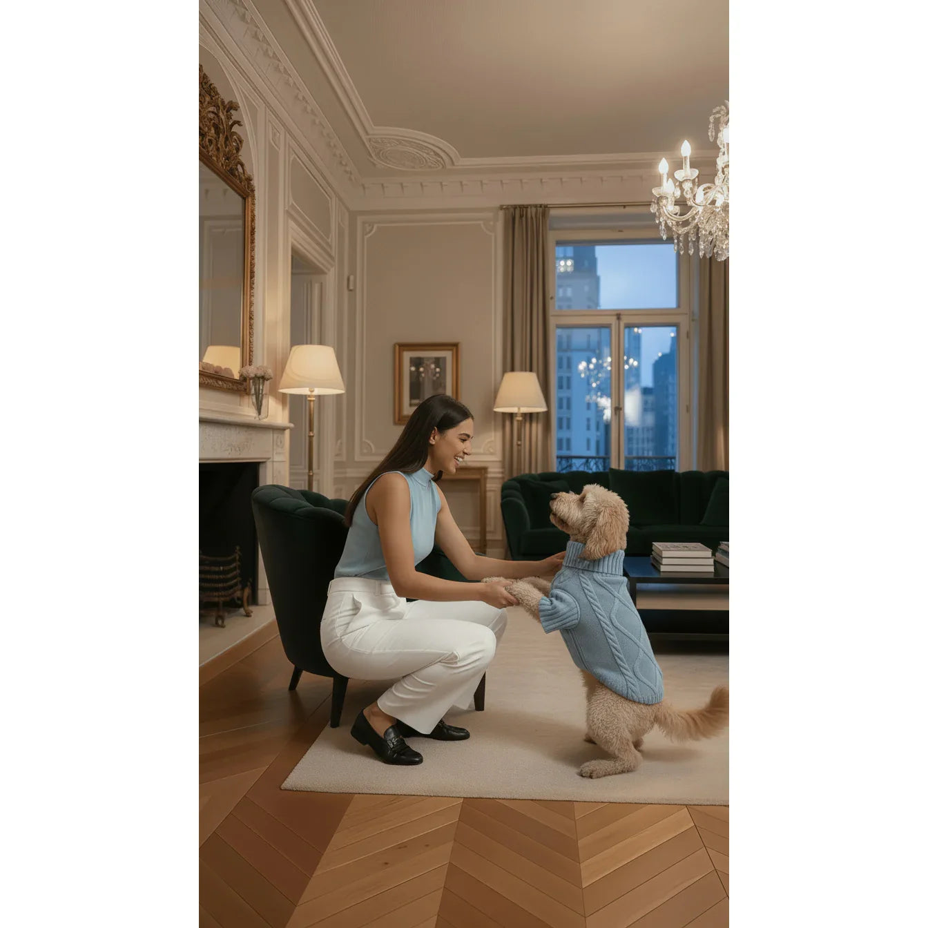 Woman holding dog's paws in elegant living room, both wearing blue sweaters, luxury decor