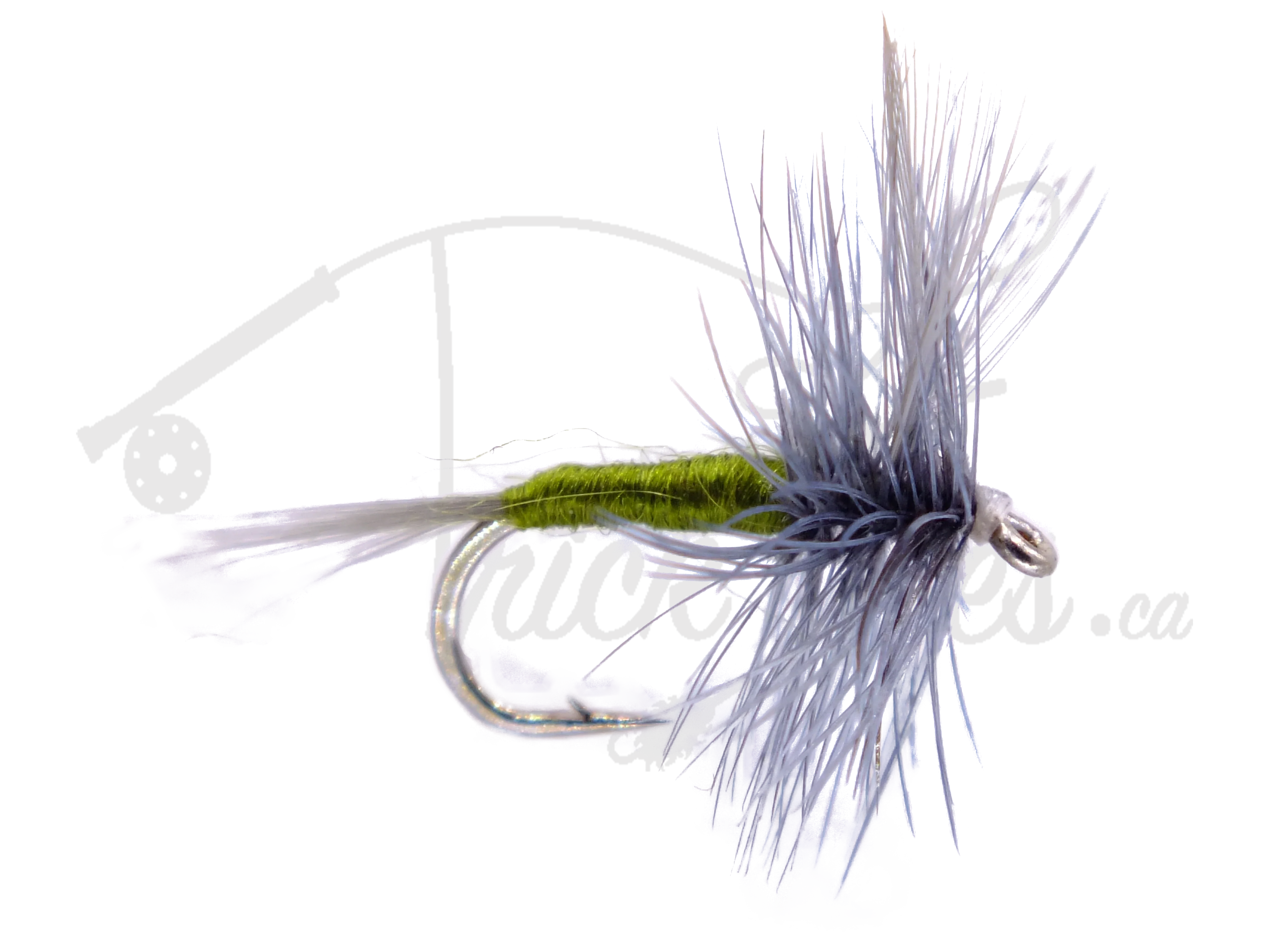 Blue Winged Olive dry fly fishing lure with green body and blue-gray hackle