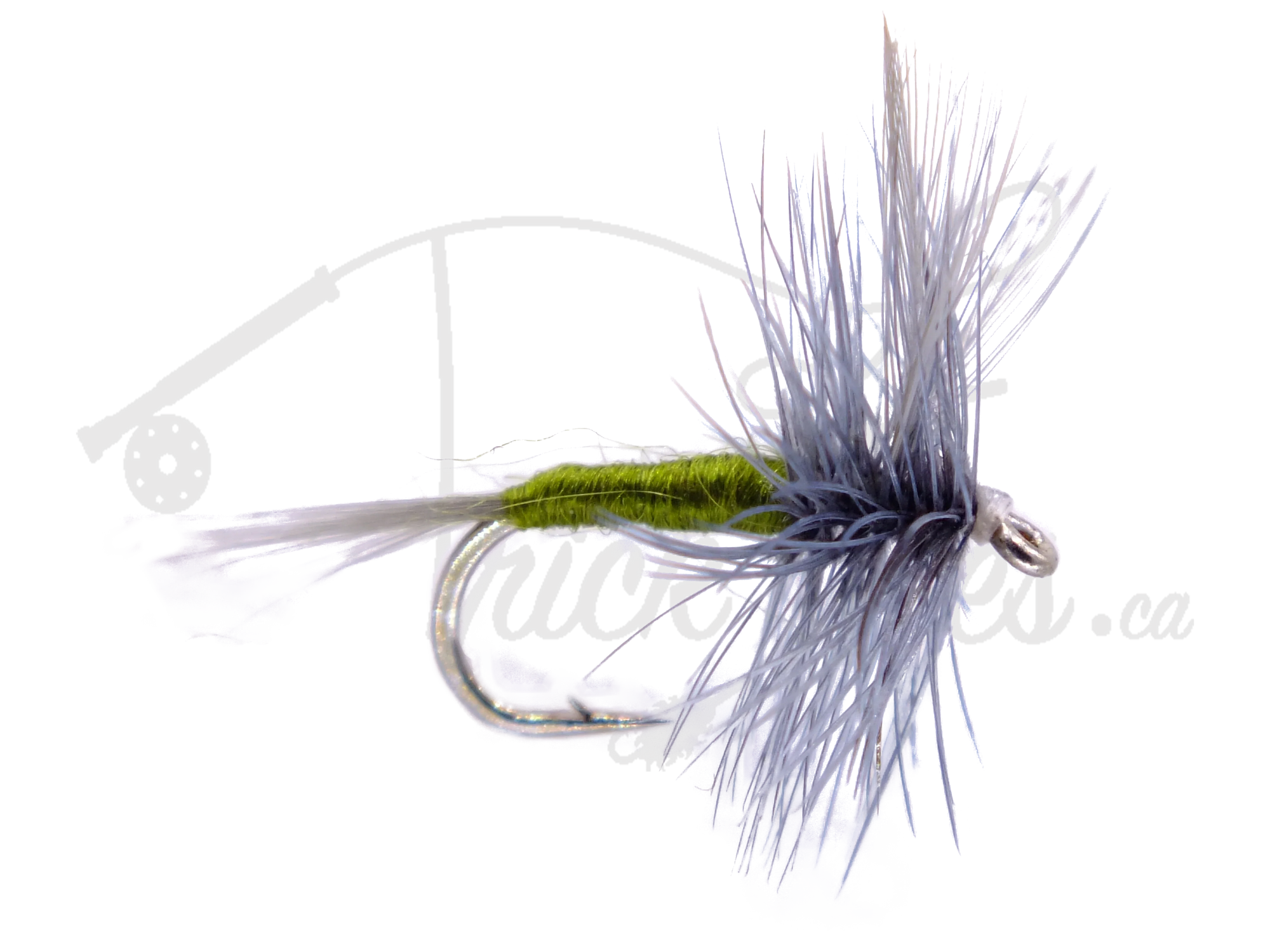 Blue Winged Olive dry fly fishing lure with green body and blue-gray hackle