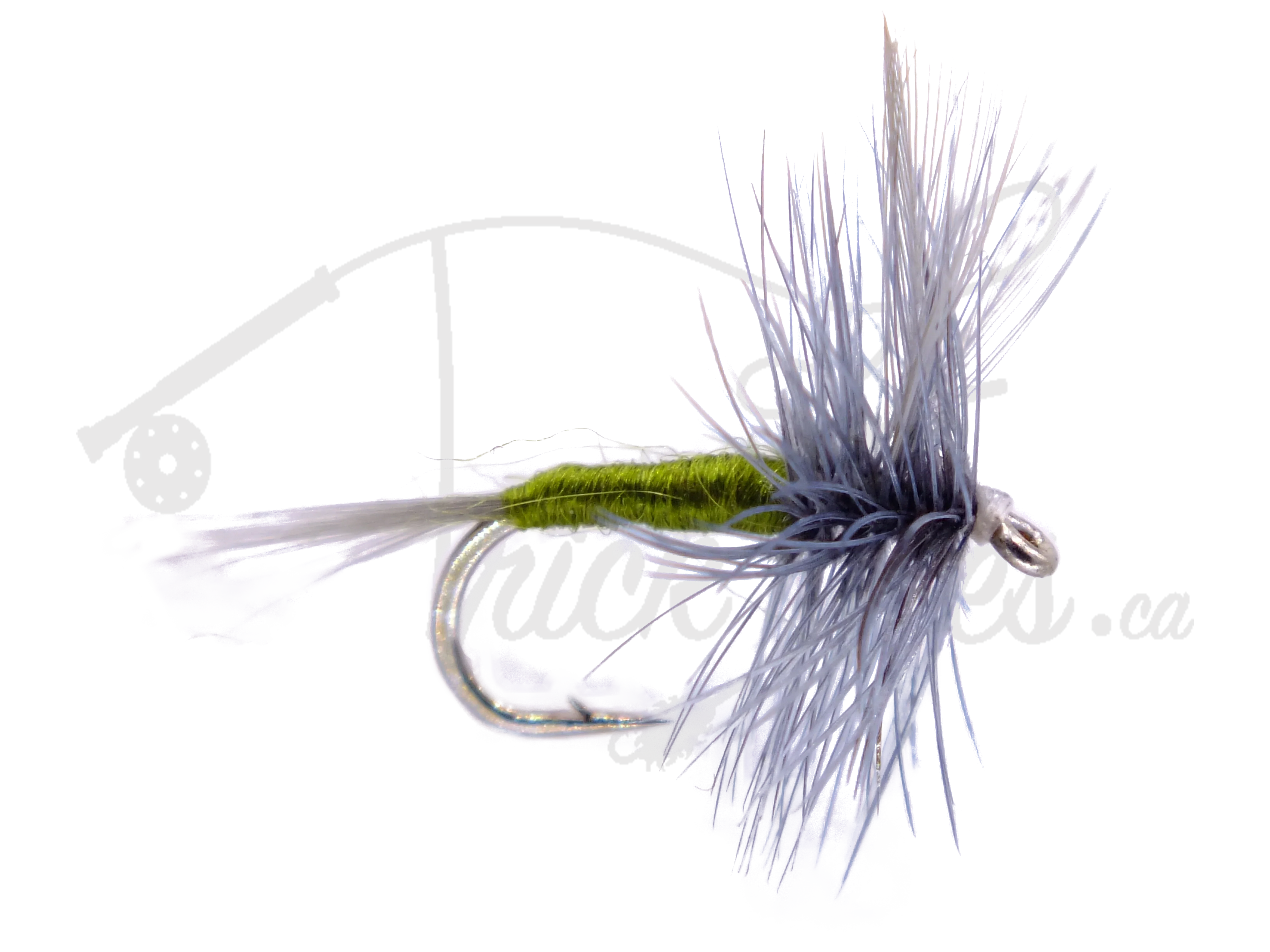 Blue Winged Olive dry fly fishing lure with green body and blue-gray hackle