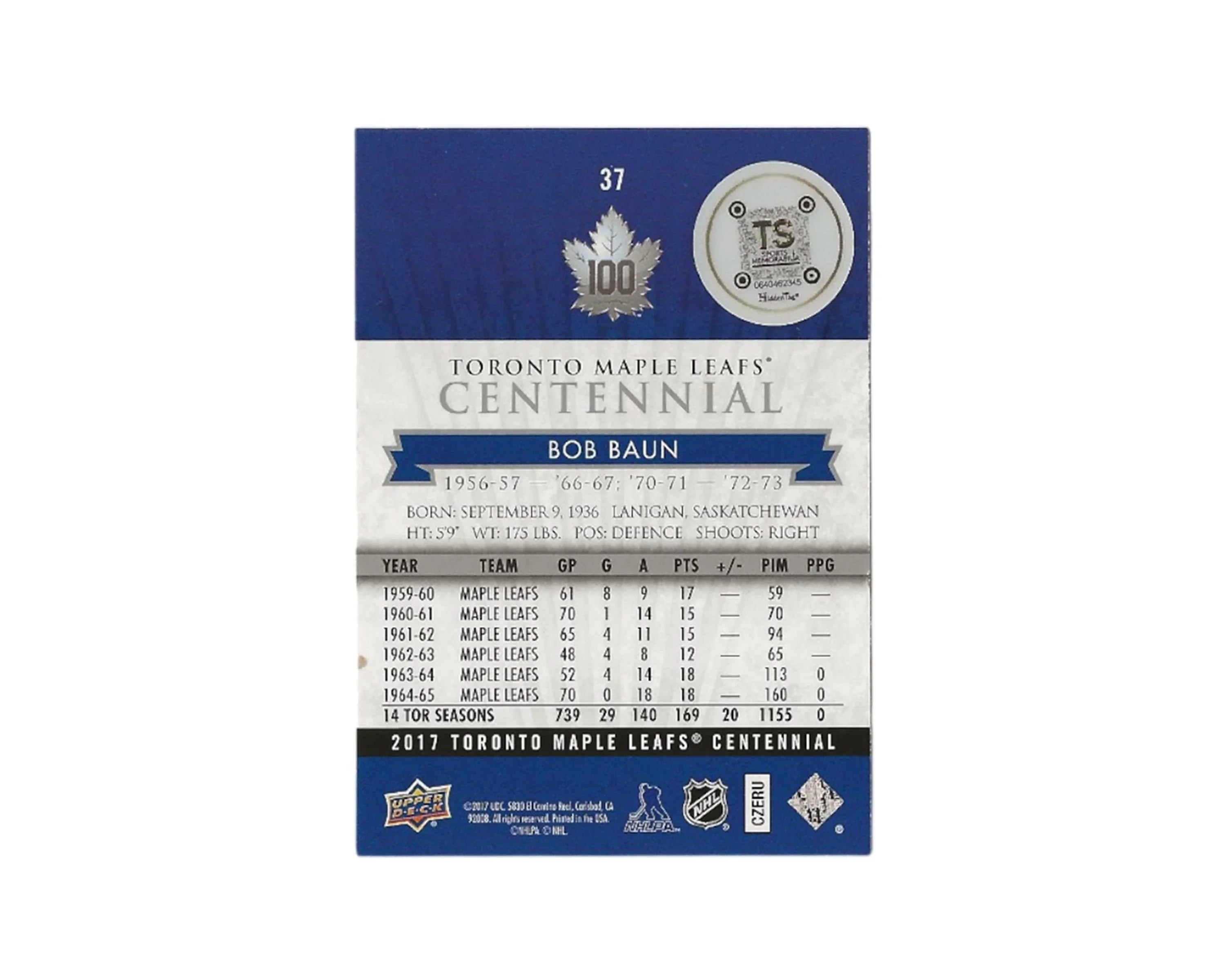 Toronto Maple Leafs Centennial hockey card for Bob Baun with stats and team logos.