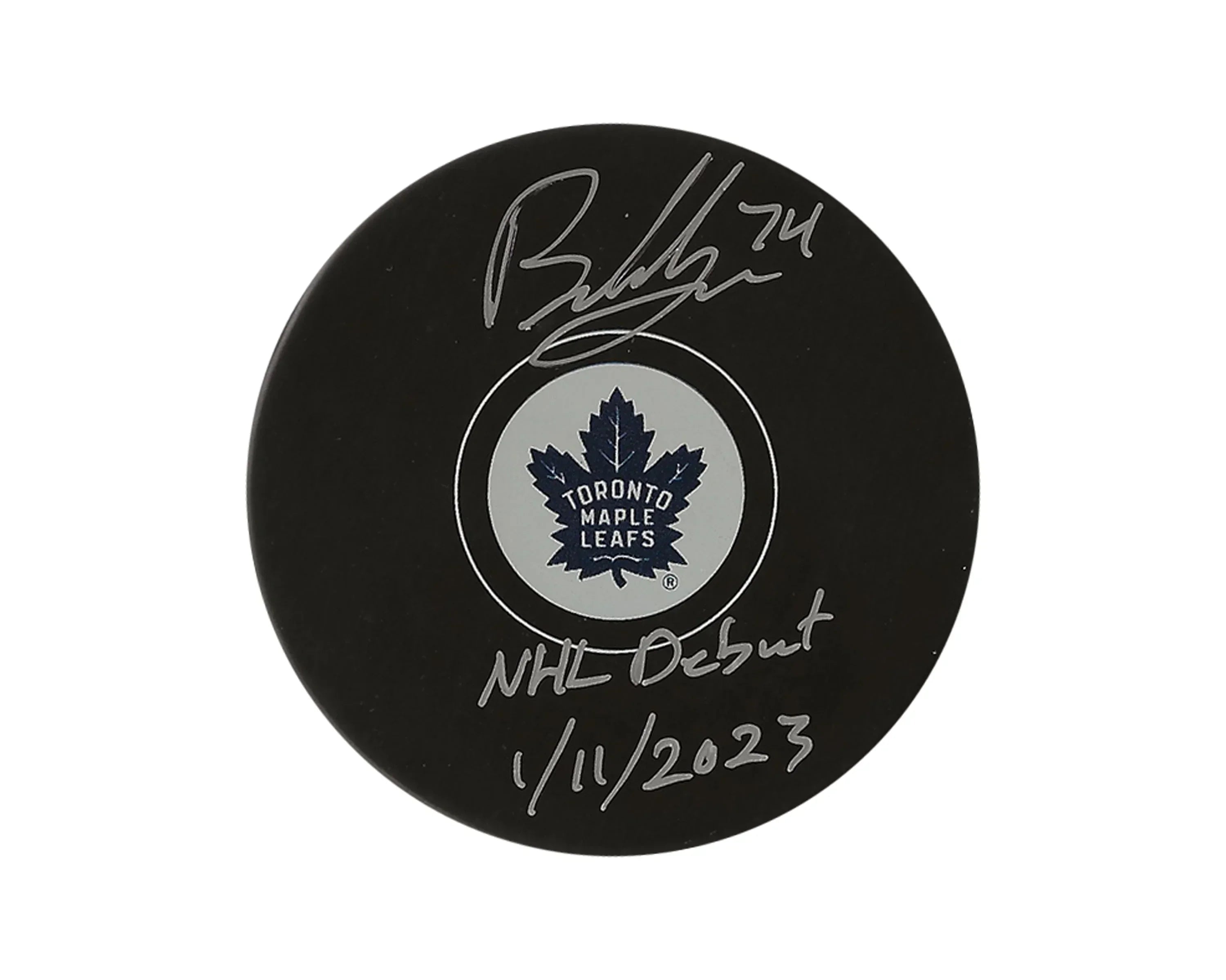 Bobby McMann Autographed Toronto Maple Leafs Autograph Model Puck Inscribed 'NHL Debut 1/11/2023'