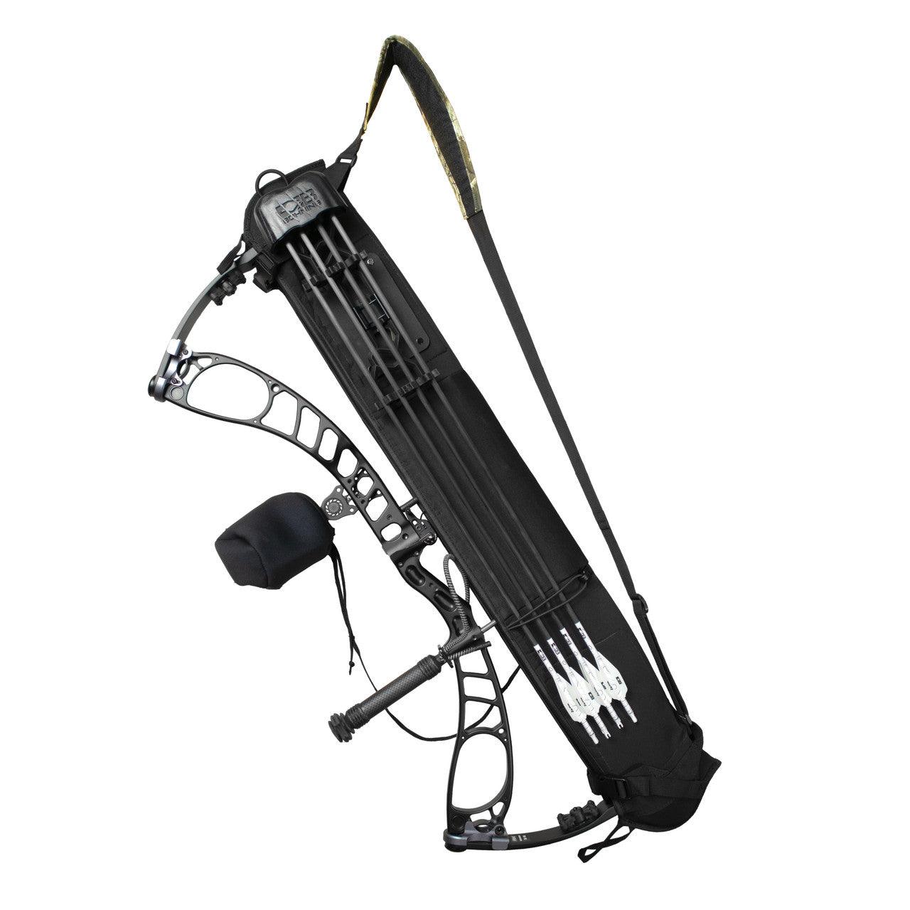 Black archery sling quiver with arrows attached to a modern compound bow, white background