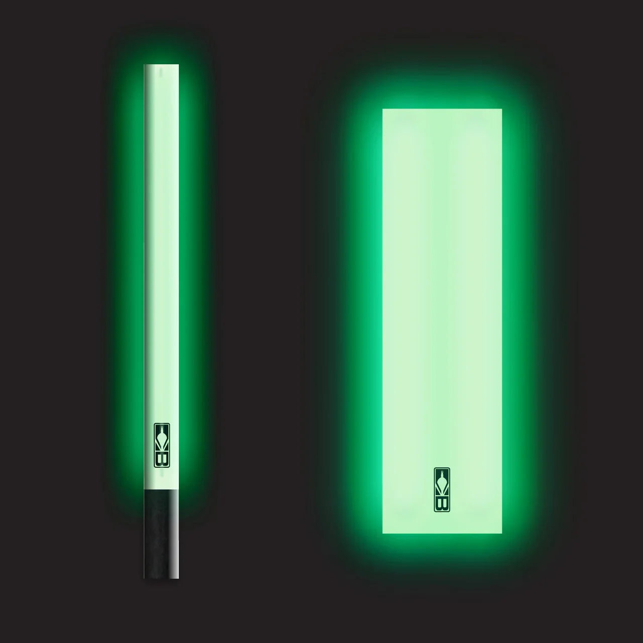 Rectangular 4 inch glow in the dark safety marker glowing green on black background