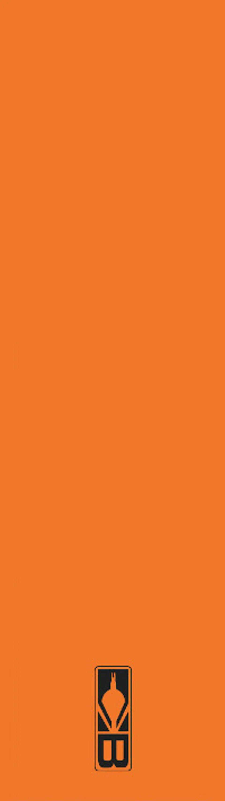 Solid orange background with black minimalist logo at the bottom center