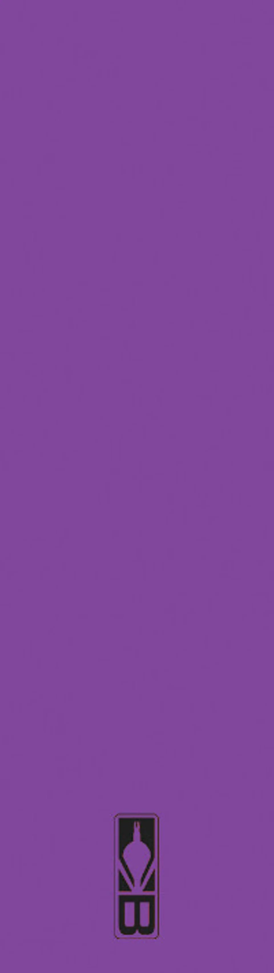 Solid purple background with a small black minimalist logo at the bottom center