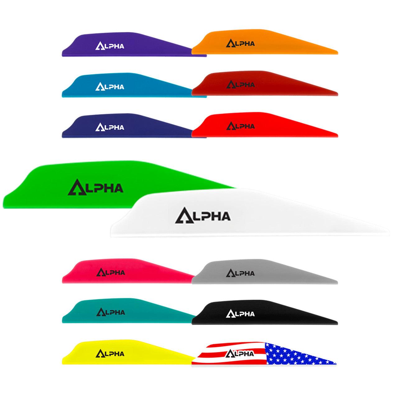 Colorful Alpha arrow vanes in various styles for archery, arranged on a white background.