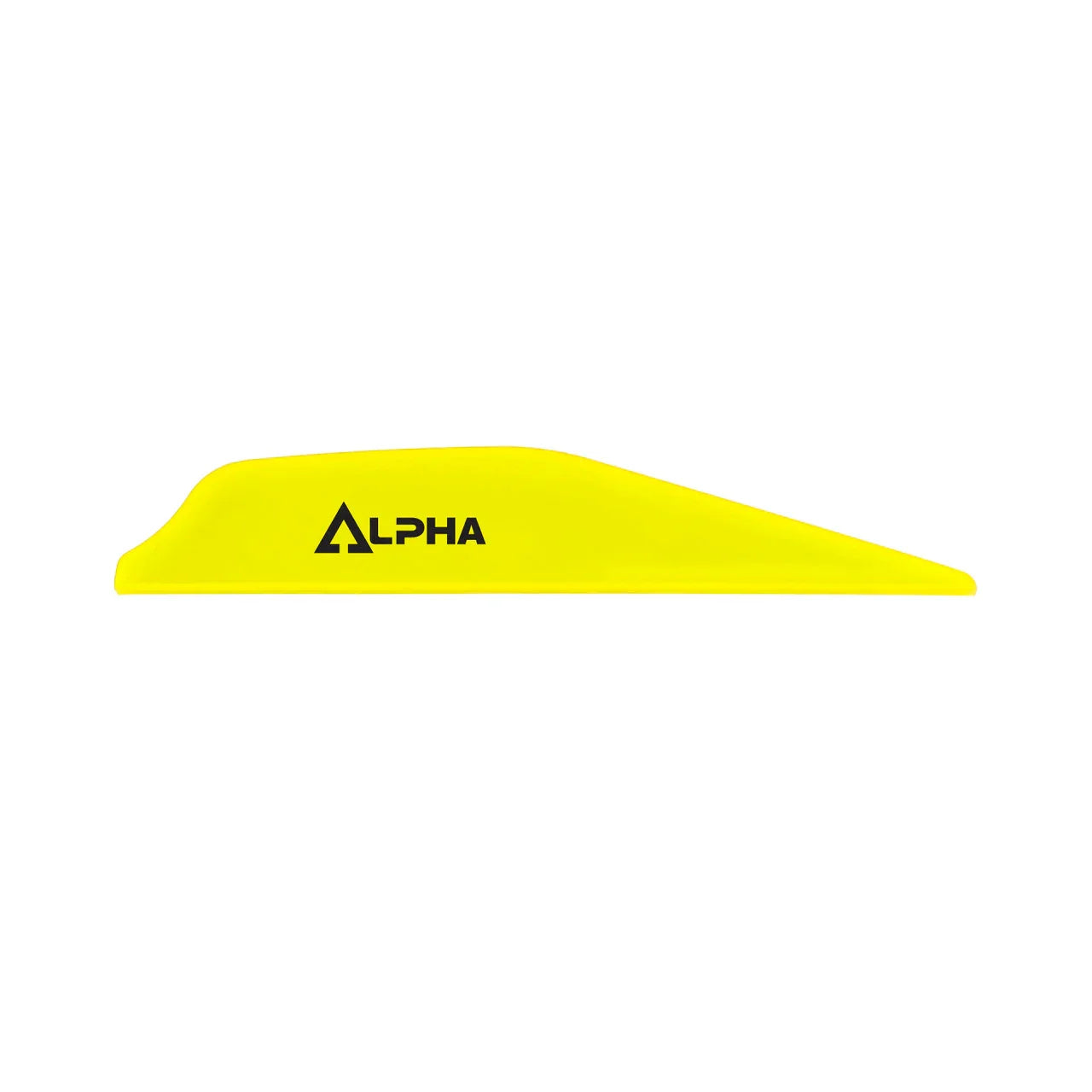 Yellow Alpha archery vane on white background, side profile view