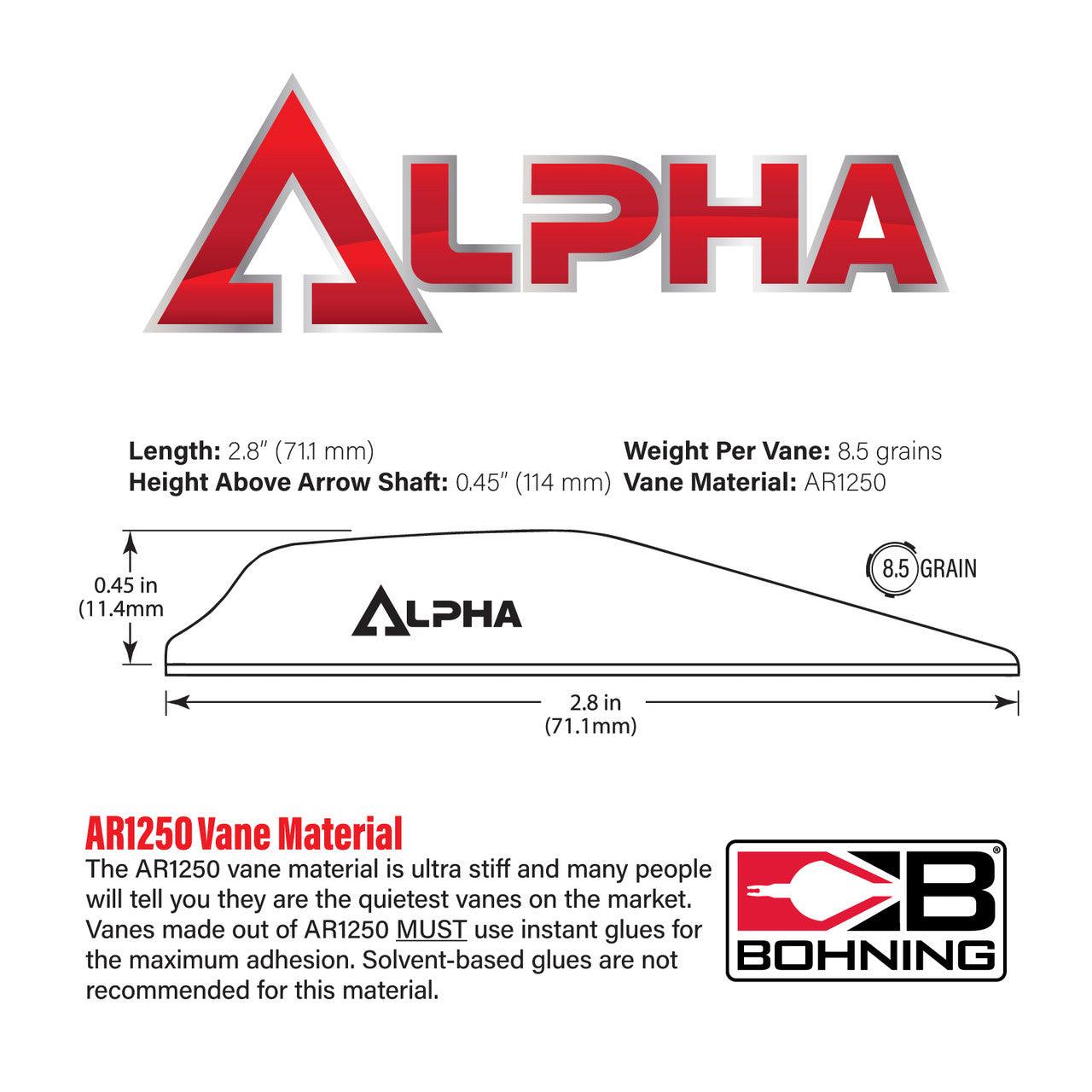 Alpha arrow vane dimensions and specs, AR1250 material, Bohning logo, archery accessory