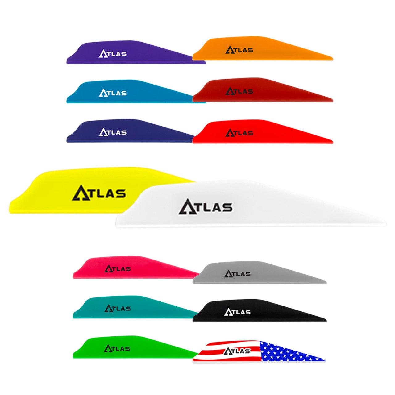 Assorted Atlas archery vanes in vibrant colors and American flag pattern on white background.