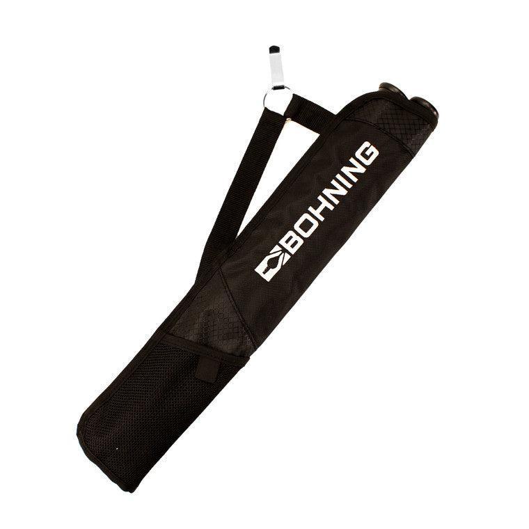 Bohning Black Sky youth archery quiver with white logo and strap on white background