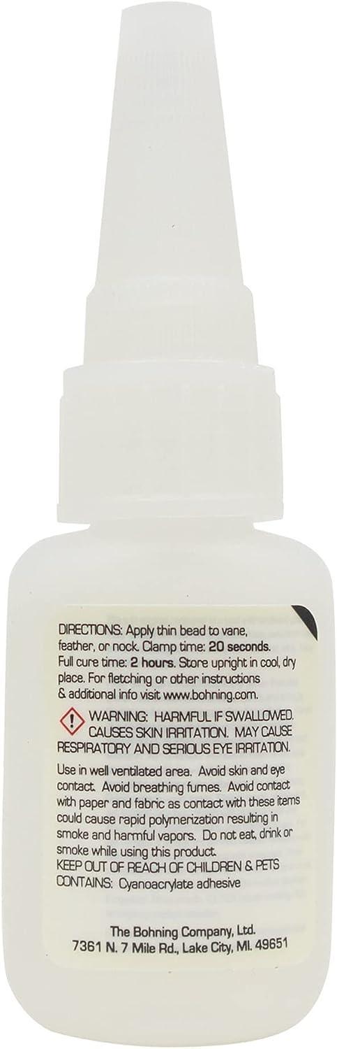 Bohning Blazer Bond adhesive bottle with instructions and warning label for archery fletching