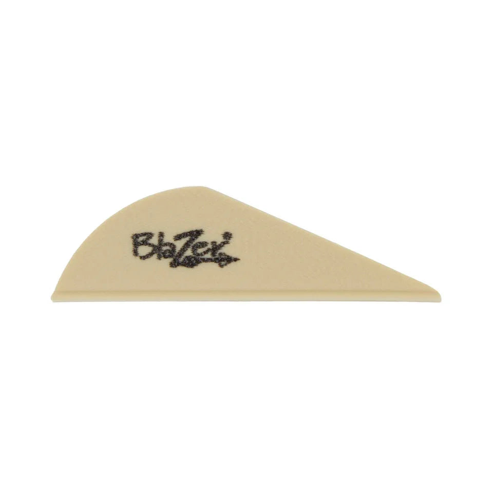 Beige plastic Blazek guitar pick with logo on white background